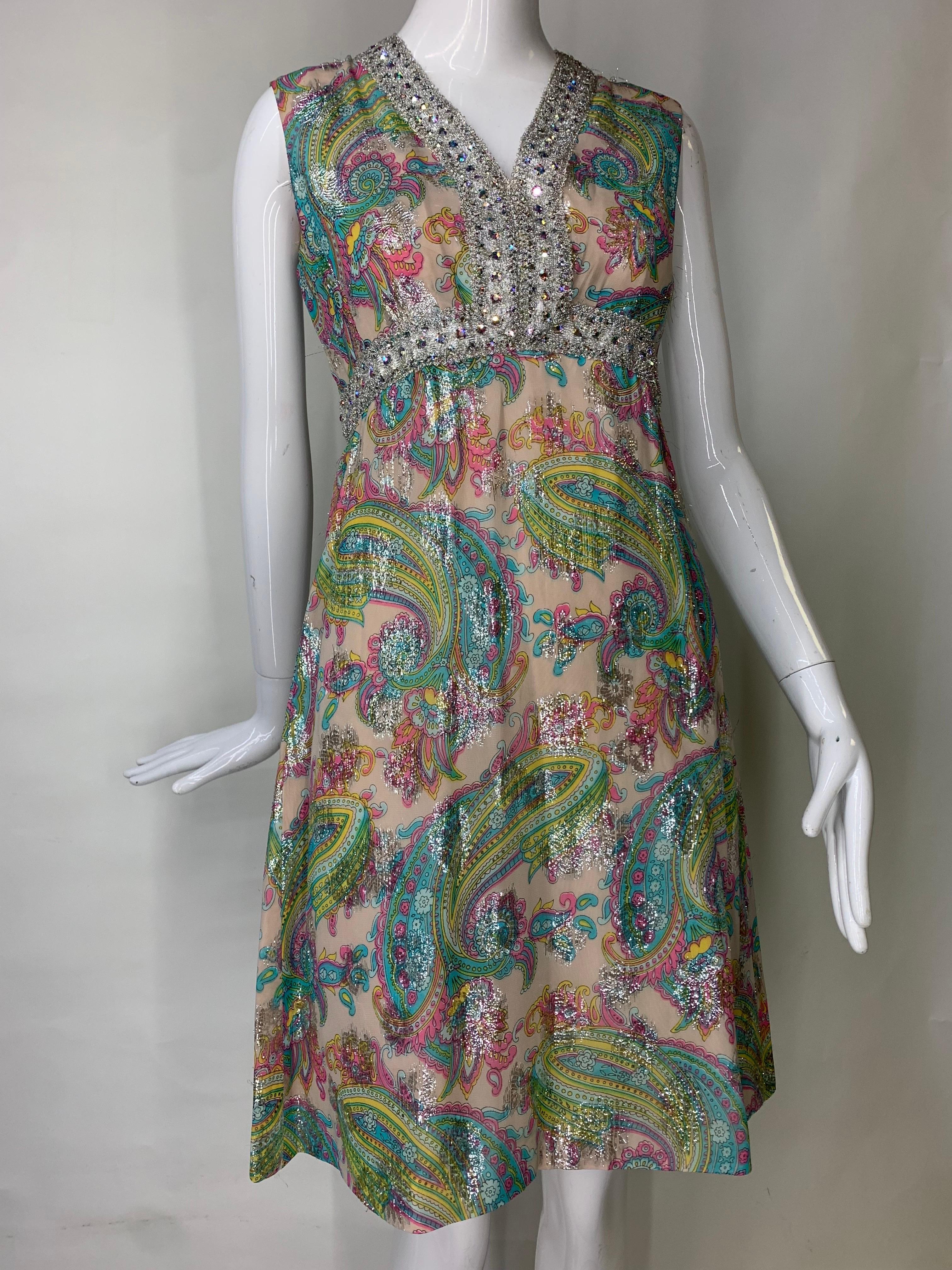 1960s Romantica Victor Costa Pastel Paisley Chiffon & Silver Tinsel Midi Dress For Sale 8