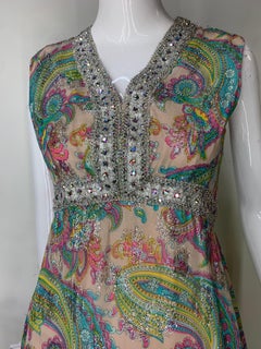 1960s Romantica Victor Costa Pastel Paisley Chiffon & Silver Tinsel Midi Dress