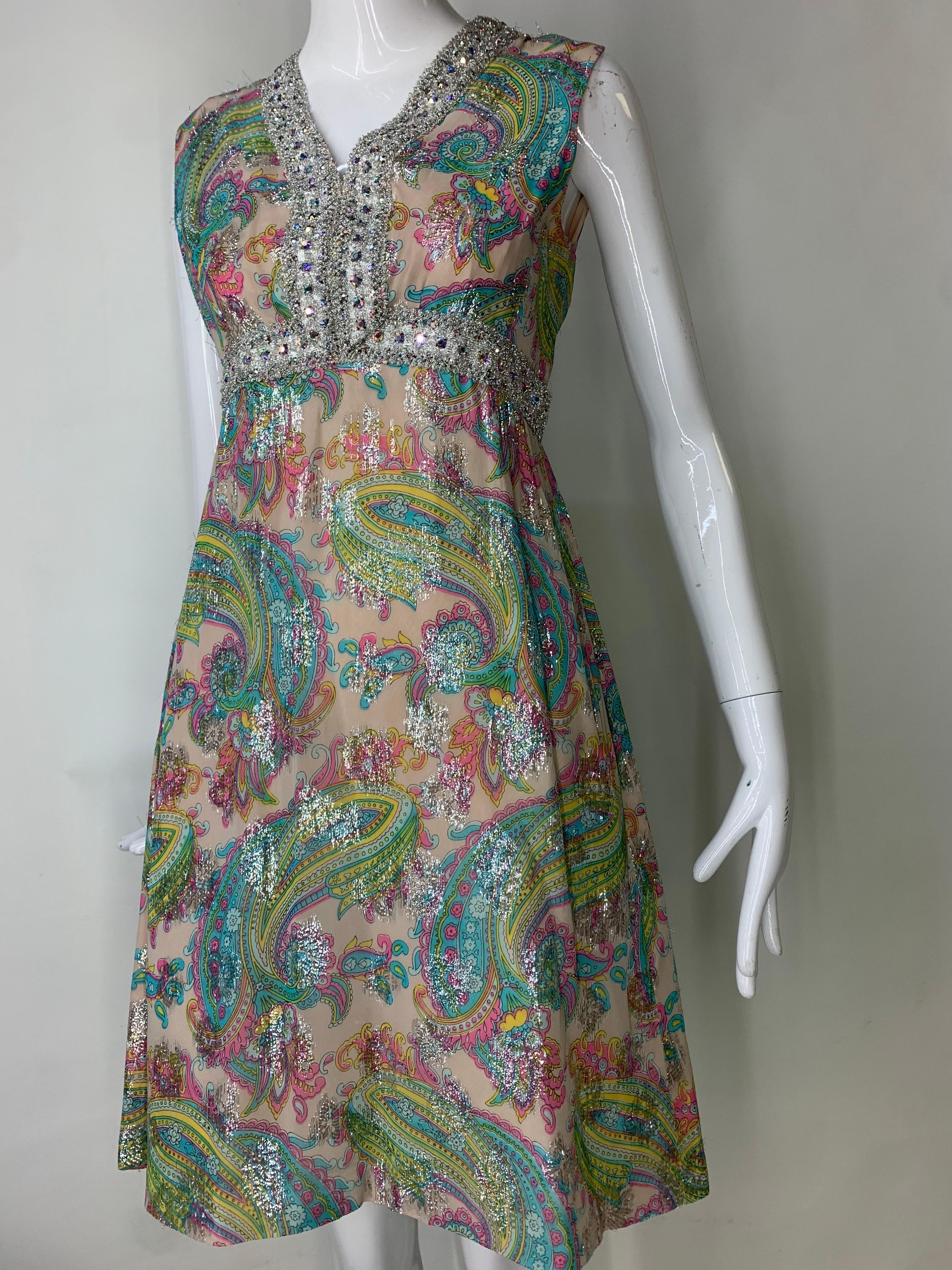 1960s Romantica Victor Costa Pastel Paisley Chiffon & Silver Tinsel Midi Dress For Sale 2