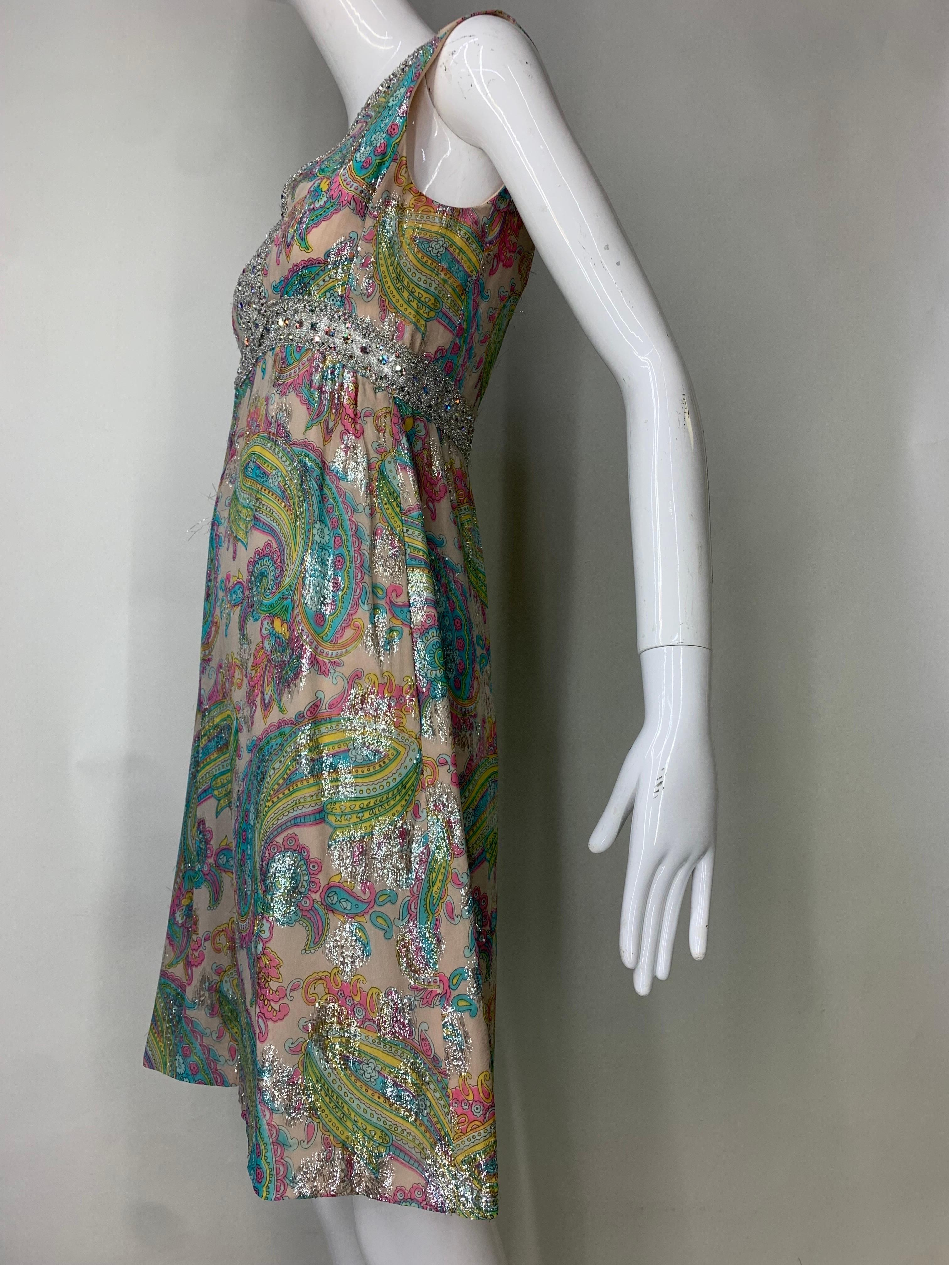 1960s Romantica Victor Costa Pastel Paisley Chiffon & Silver Tinsel Midi Dress For Sale 3