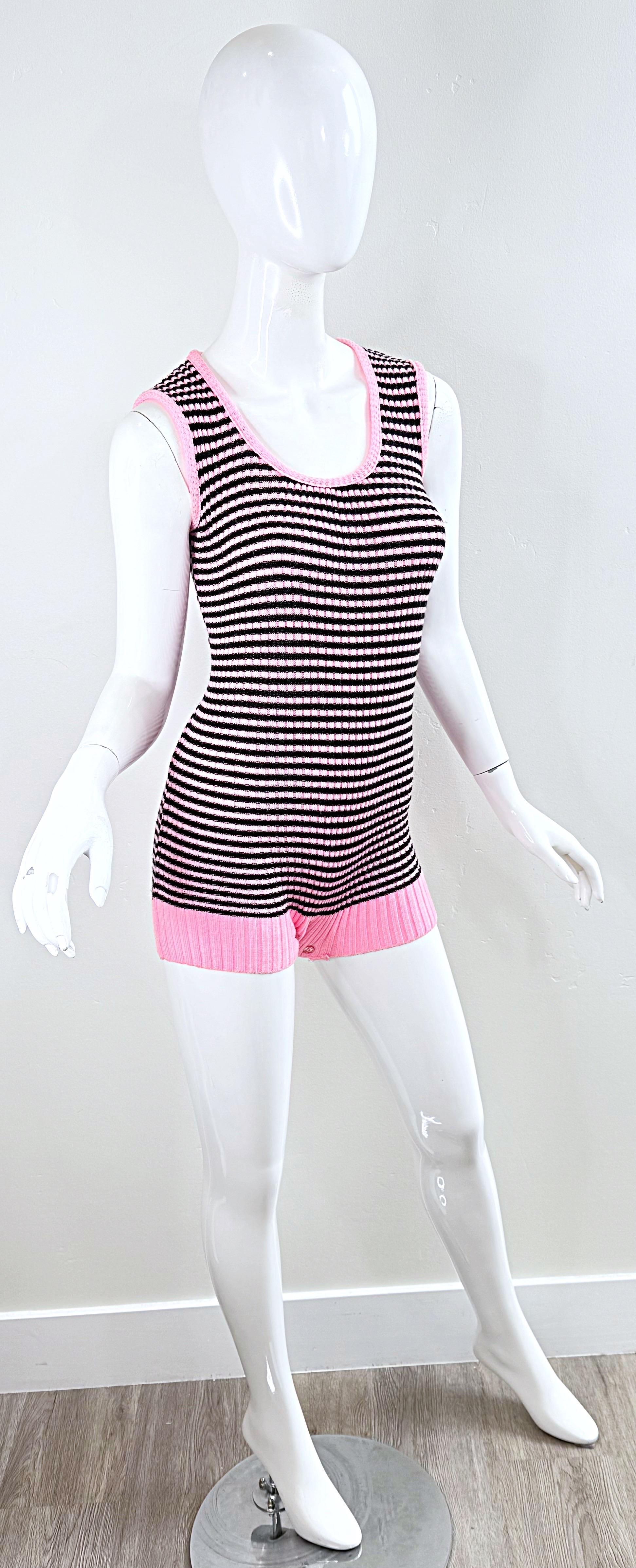 1960s Romper Bubblegum Pink and Black Striped Knit Sleeveless Vintage 60s Onesie For Sale 5