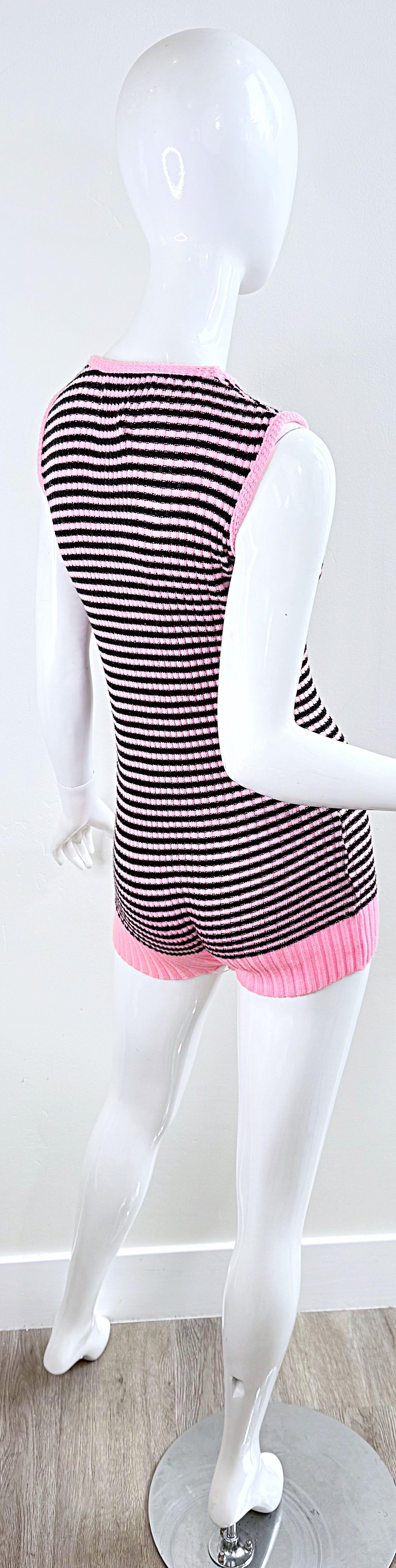 1960s Romper Bubblegum Pink and Black Striped Knit Sleeveless Vintage 60s Onesie For Sale 6