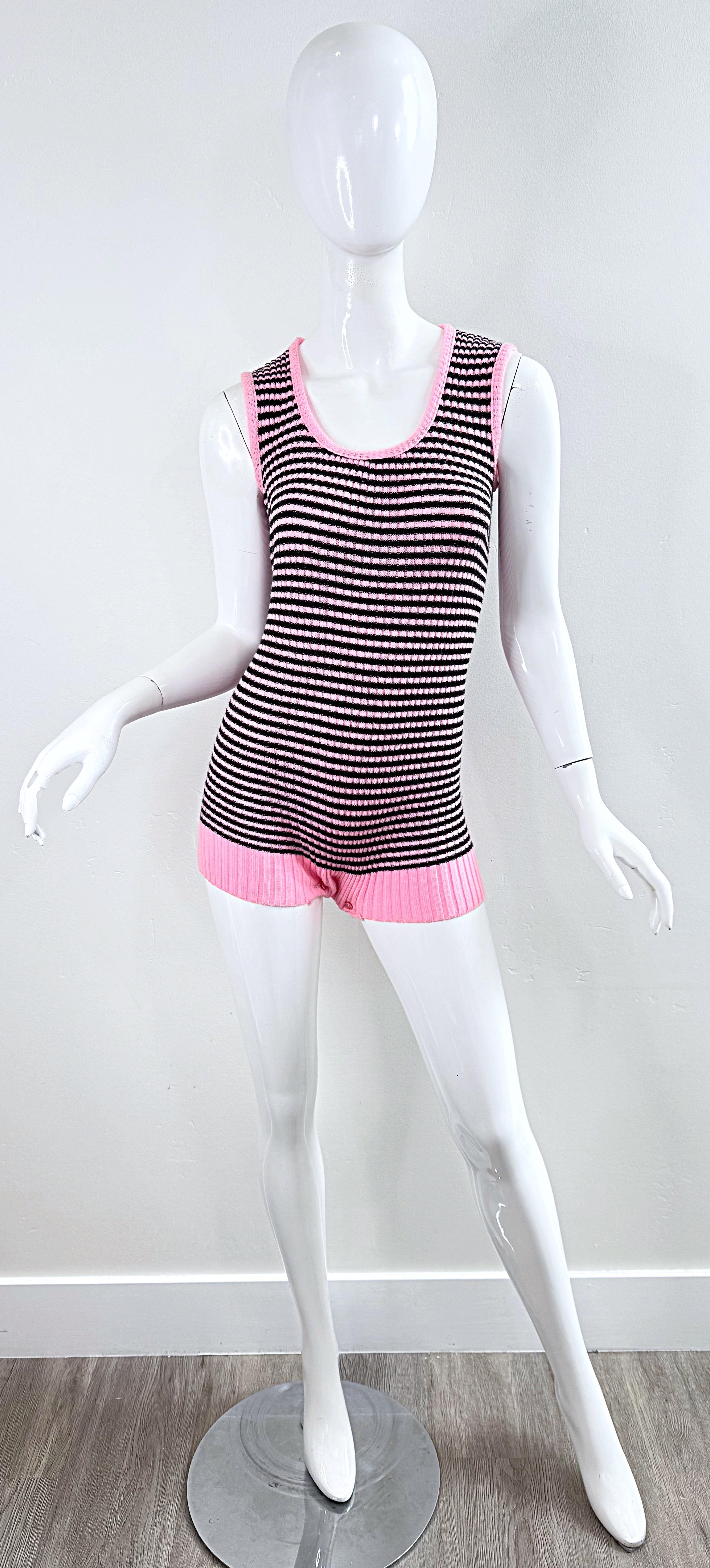 1960s Romper Bubblegum Pink and Black Striped Knit Sleeveless Vintage 60s Onesie For Sale 7