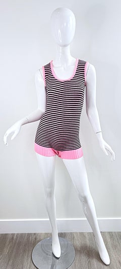 1960s Romper Bubblegum Pink and Black Striped Knit Sleeveless Vintage 60s Onesie