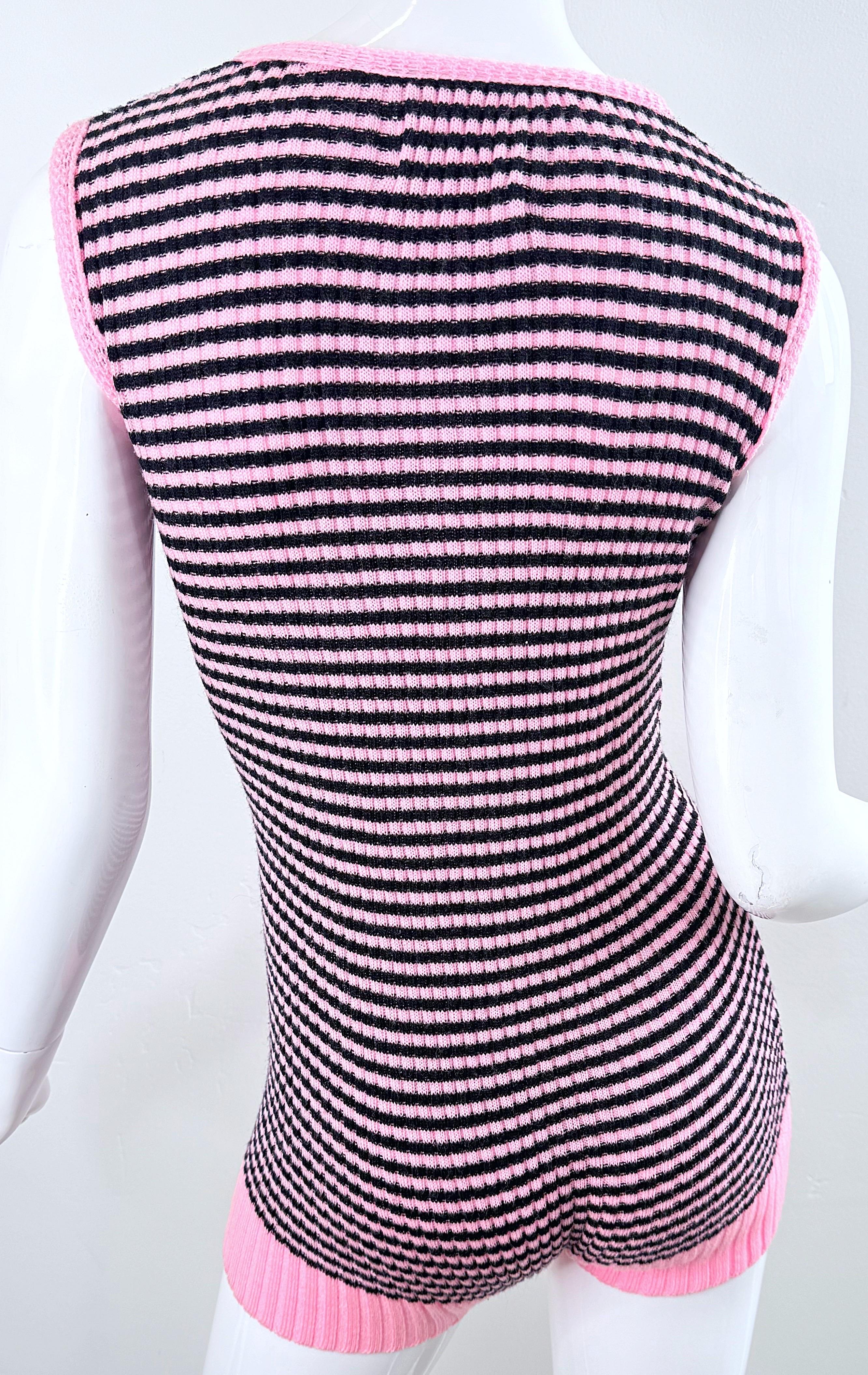 Purple 1960s Romper Bubblegum Pink and Black Striped Knit Sleeveless Vintage 60s Onesie For Sale