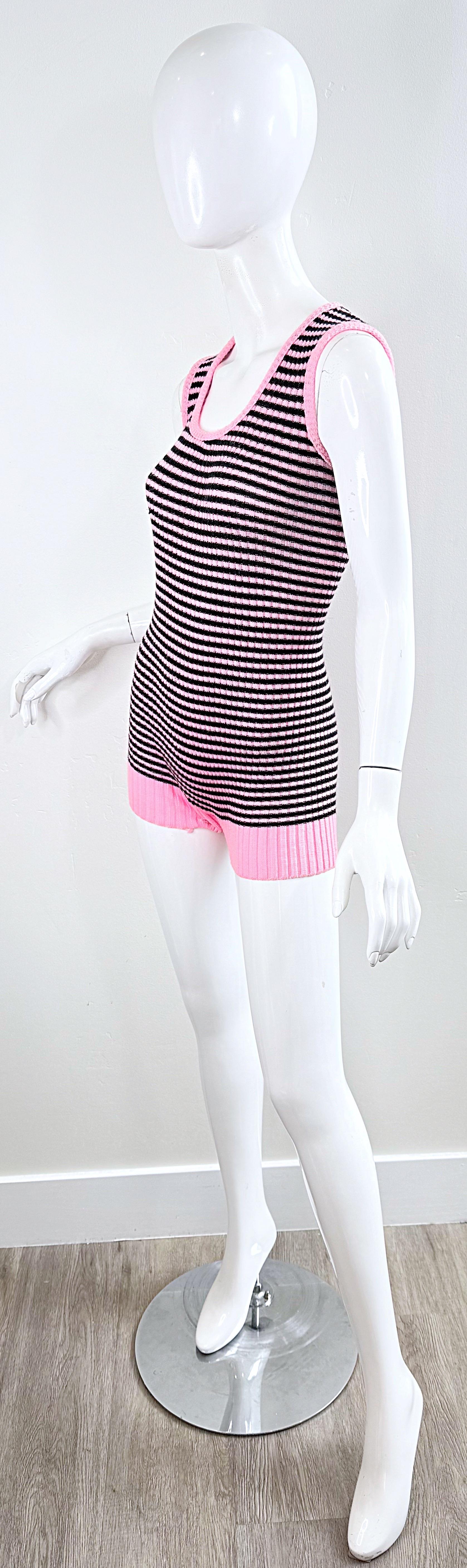 1960s Romper Bubblegum Pink and Black Striped Knit Sleeveless Vintage 60s Onesie In Excellent Condition For Sale In San Diego, CA