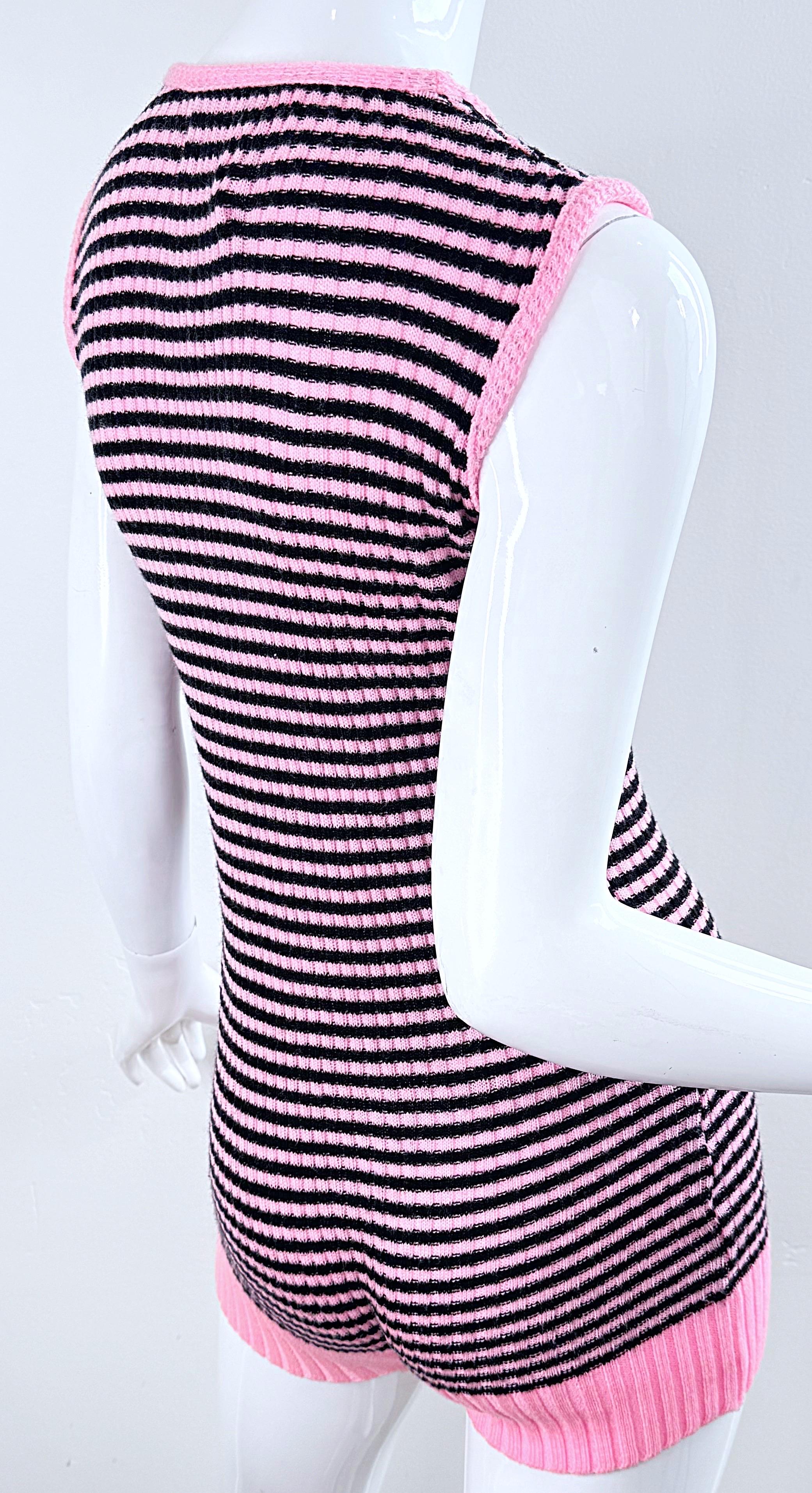 1960s Romper Bubblegum Pink and Black Striped Knit Sleeveless Vintage 60s Onesie For Sale 2