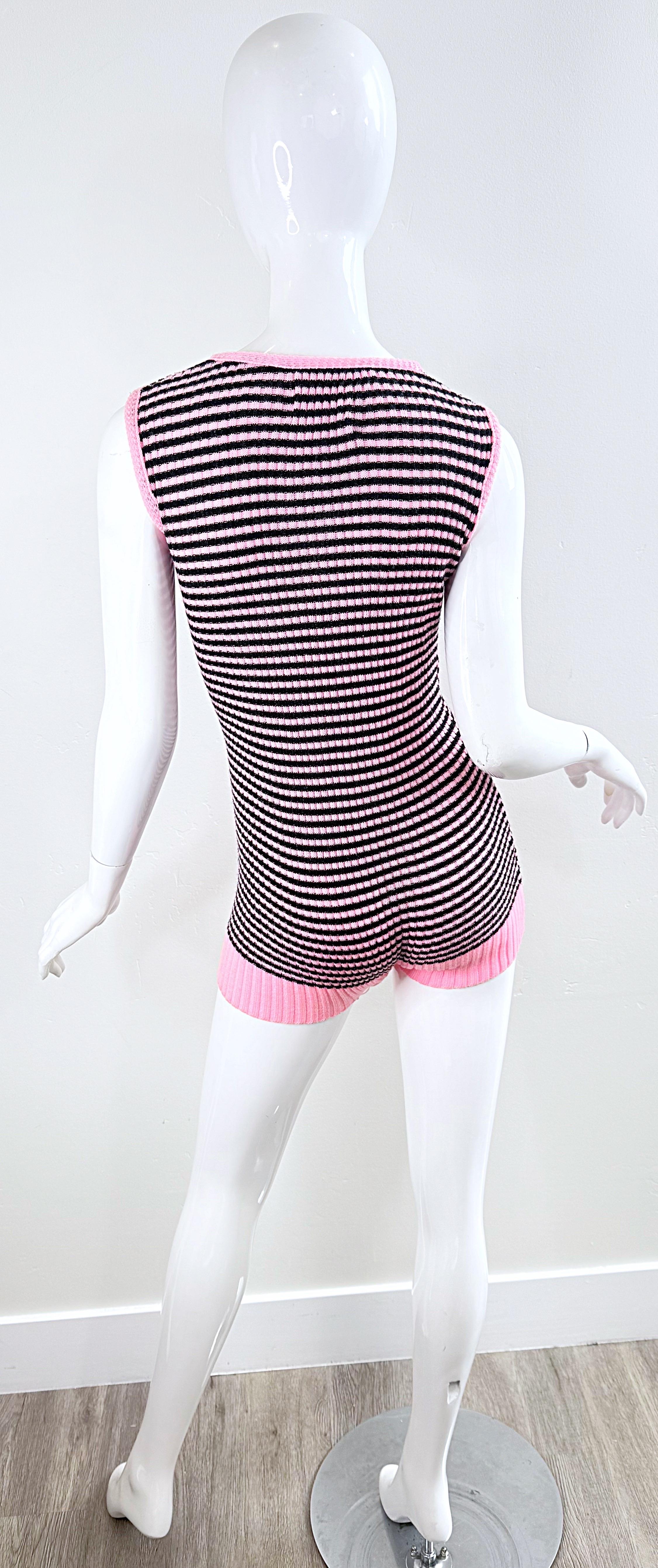 1960s Romper Bubblegum Pink and Black Striped Knit Sleeveless Vintage 60s Onesie For Sale 3