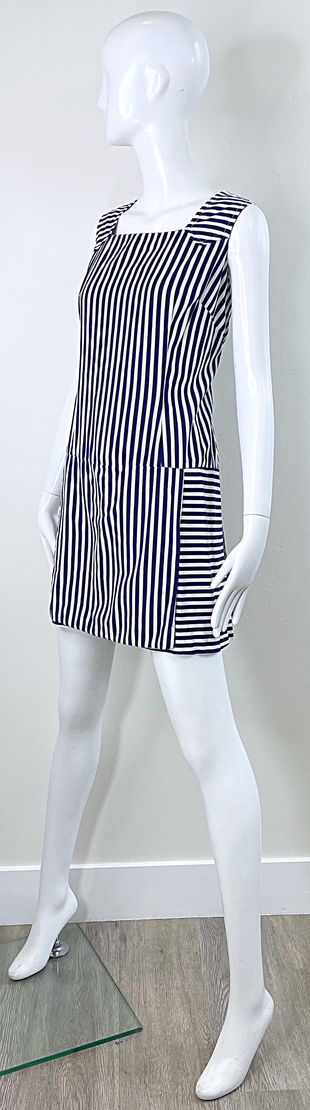 1960s Romper Large Size Navy + White Striped Cotton Vintage 60s Skort Dress For Sale 5
