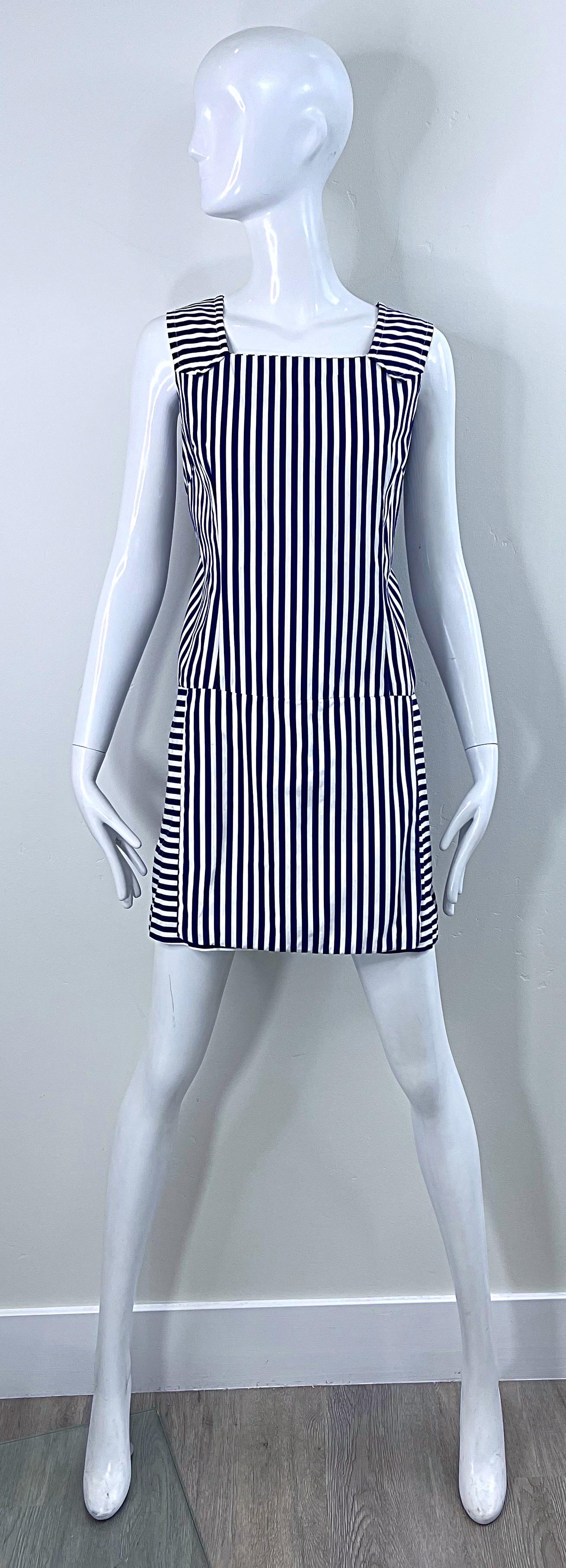 1960s Romper Large Size Navy + White Striped Cotton Vintage 60s Skort Dress en vente 8