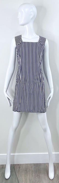 1960s Romper Large Size Navy + White Striped Cotton Vintage 60s Skort Dress