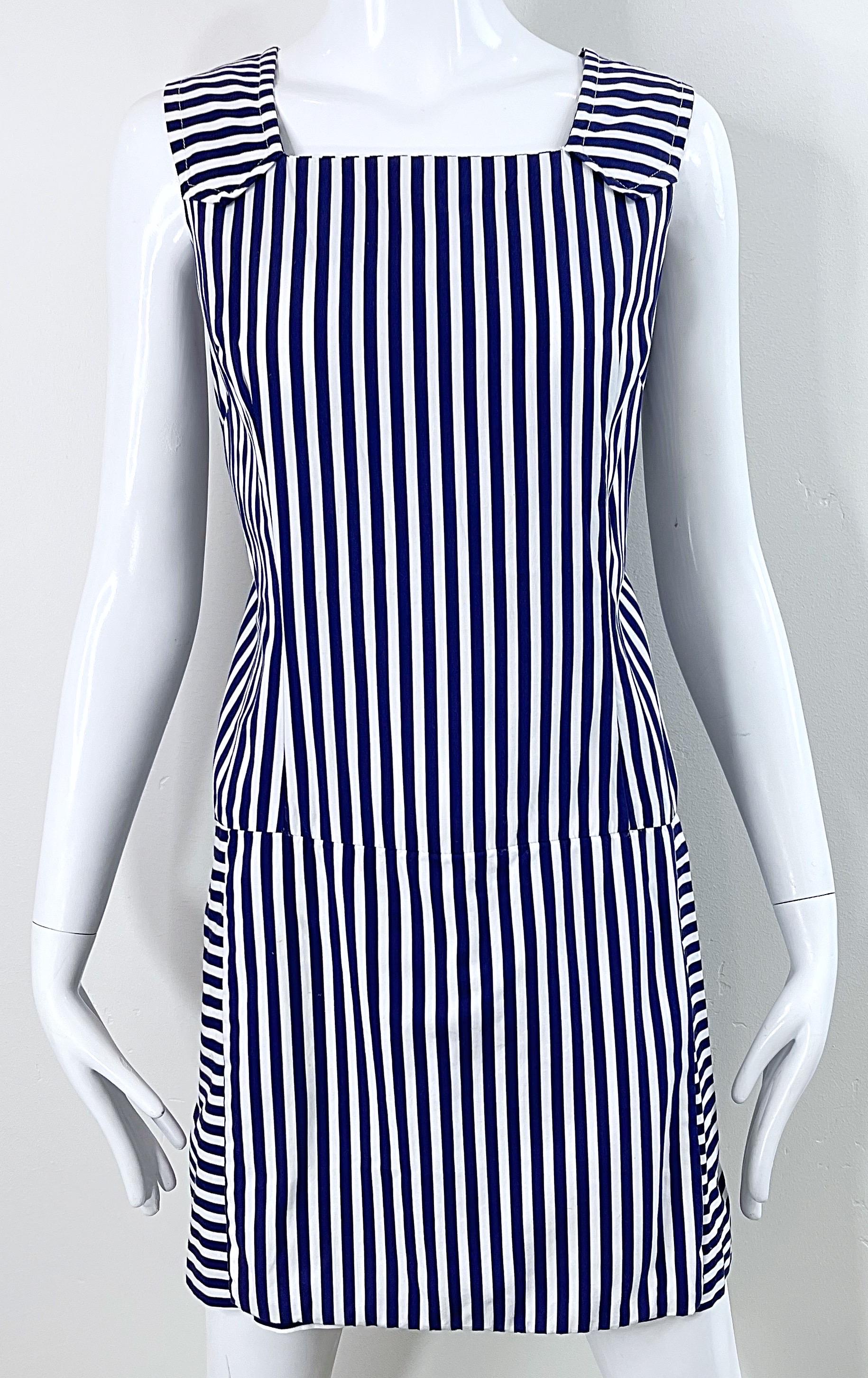 1960s Romper Large Size Navy + White Striped Cotton Vintage 60s Skort Dress In Excellent Condition For Sale In San Diego, CA