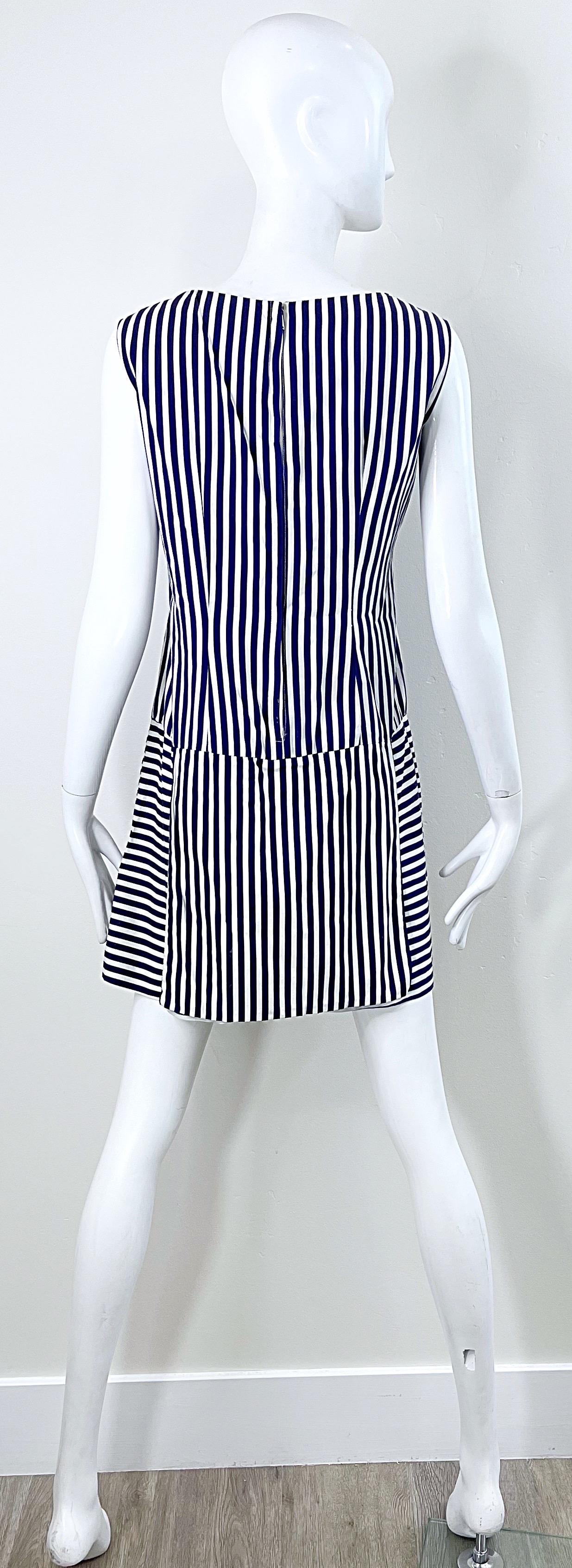 1960s Romper Large Size Navy + White Striped Cotton Vintage 60s Skort Dress en vente 1
