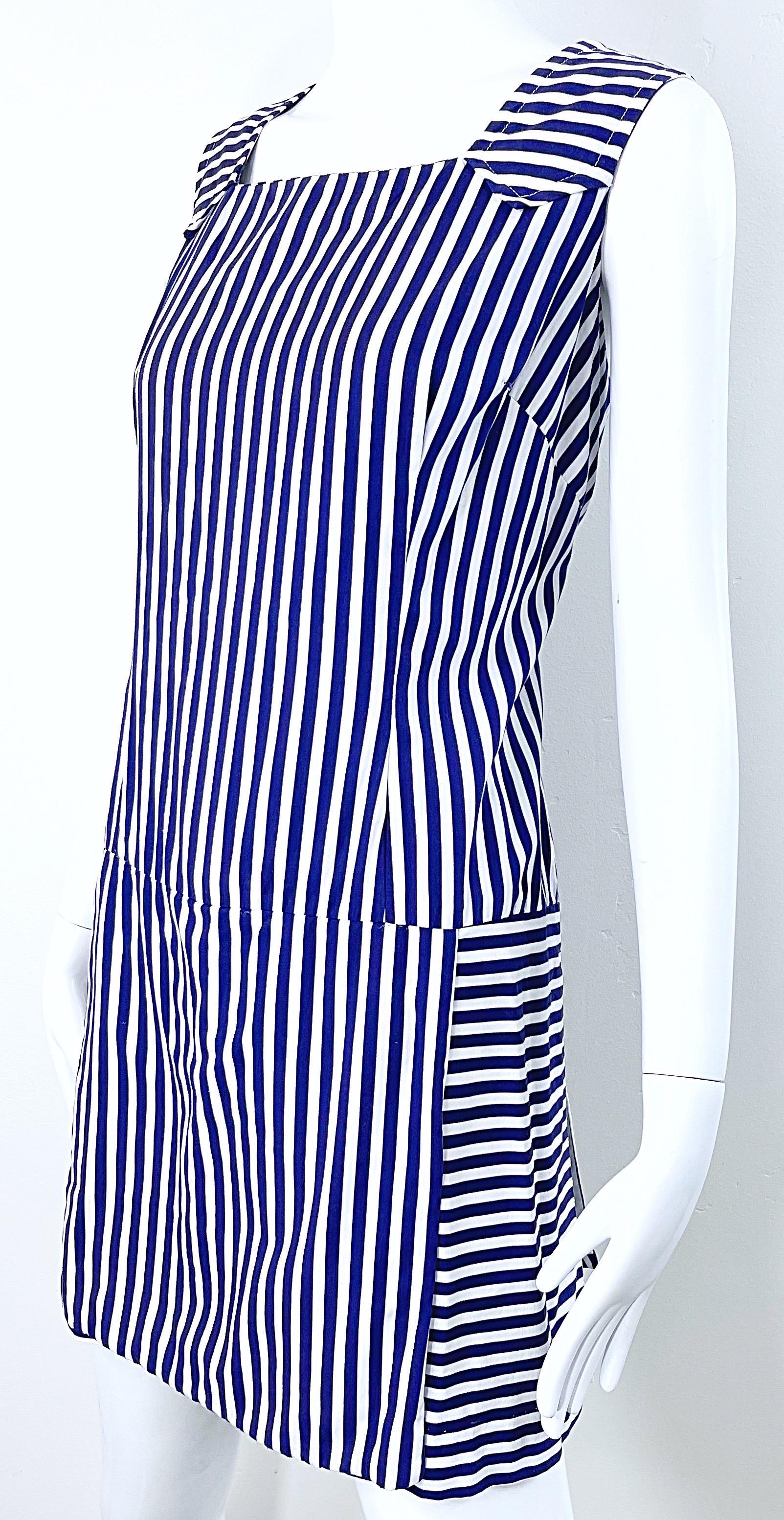 1960s Romper Large Size Navy + White Striped Cotton Vintage 60s Skort Dress For Sale 1