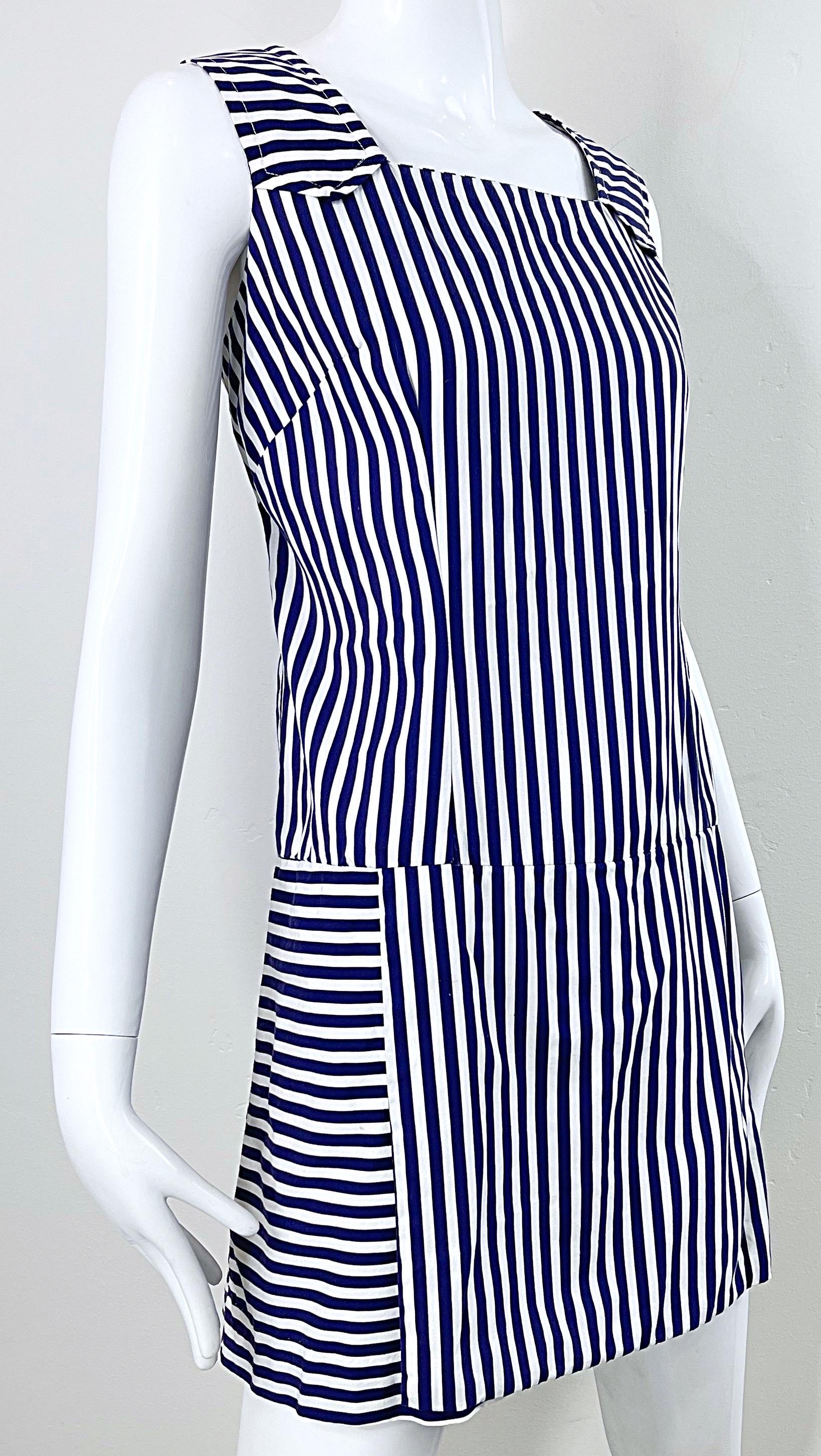 1960s Romper Large Size Navy + White Striped Cotton Vintage 60s Skort Dress en vente 3