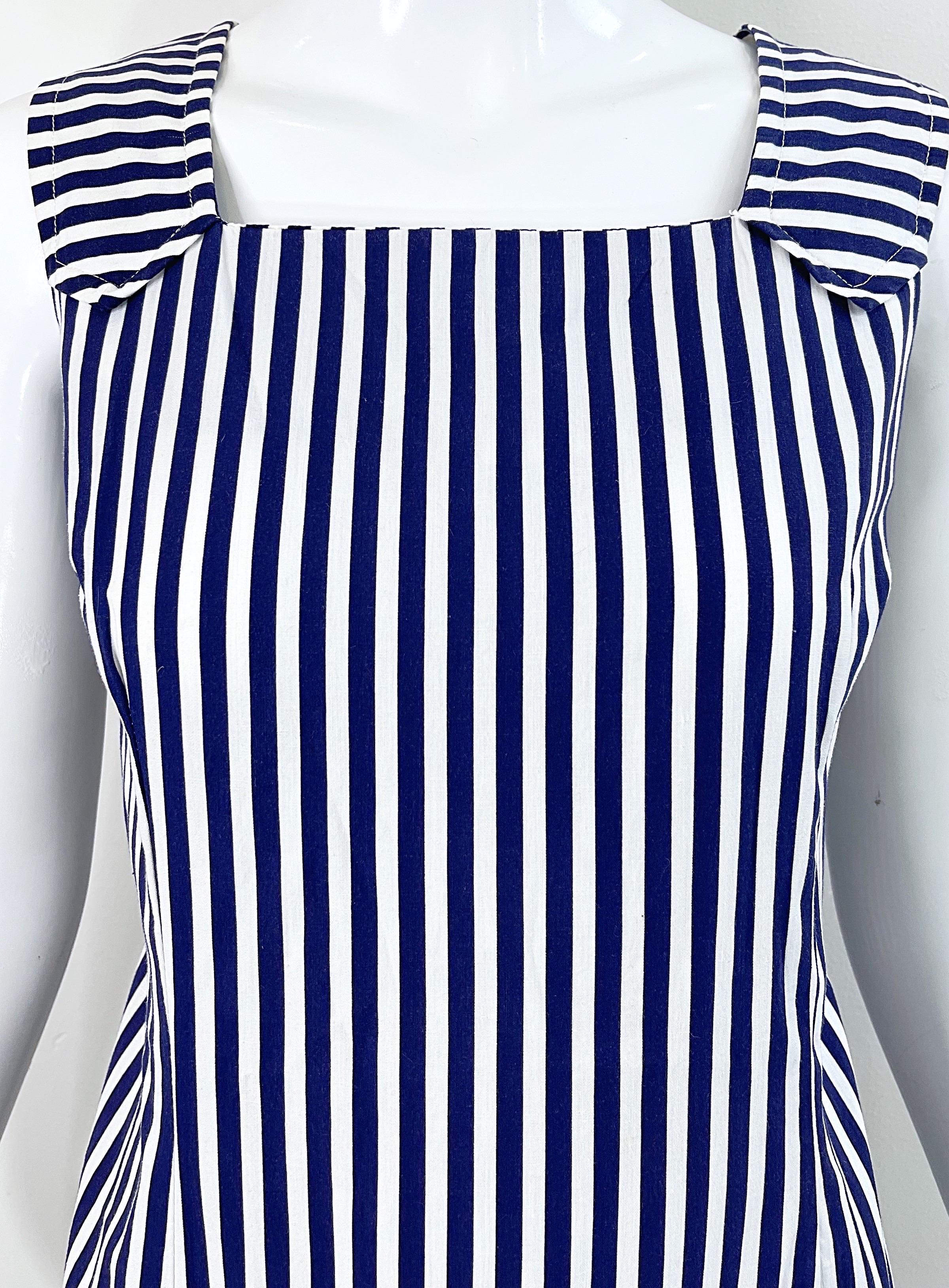 1960s Romper Large Size Navy + White Striped Cotton Vintage 60s Skort Dress en vente 4