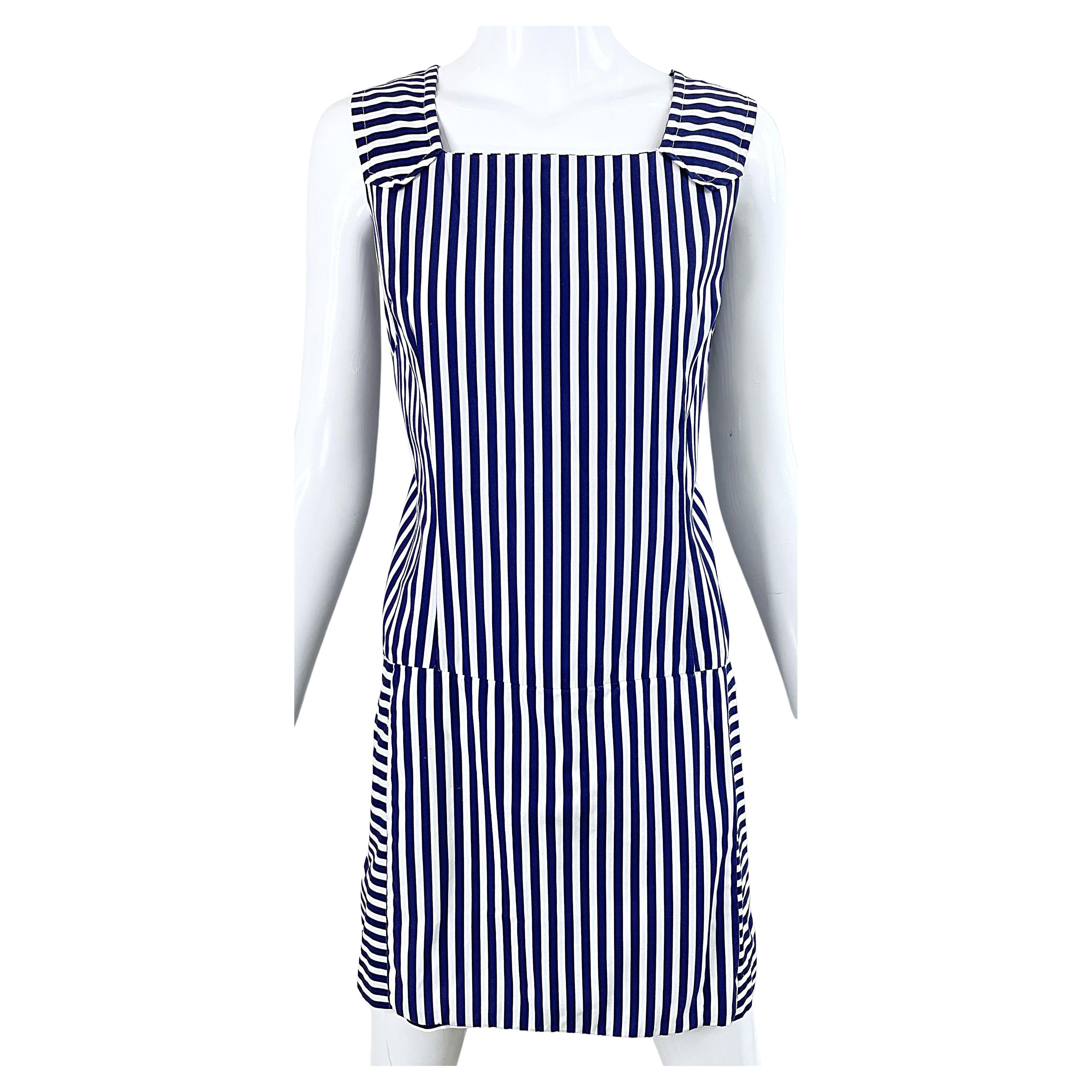 1960er Jahre Romper Große Größe Marine + weiß gestreiften Baumwolle Vintage 60s Skort Kleid