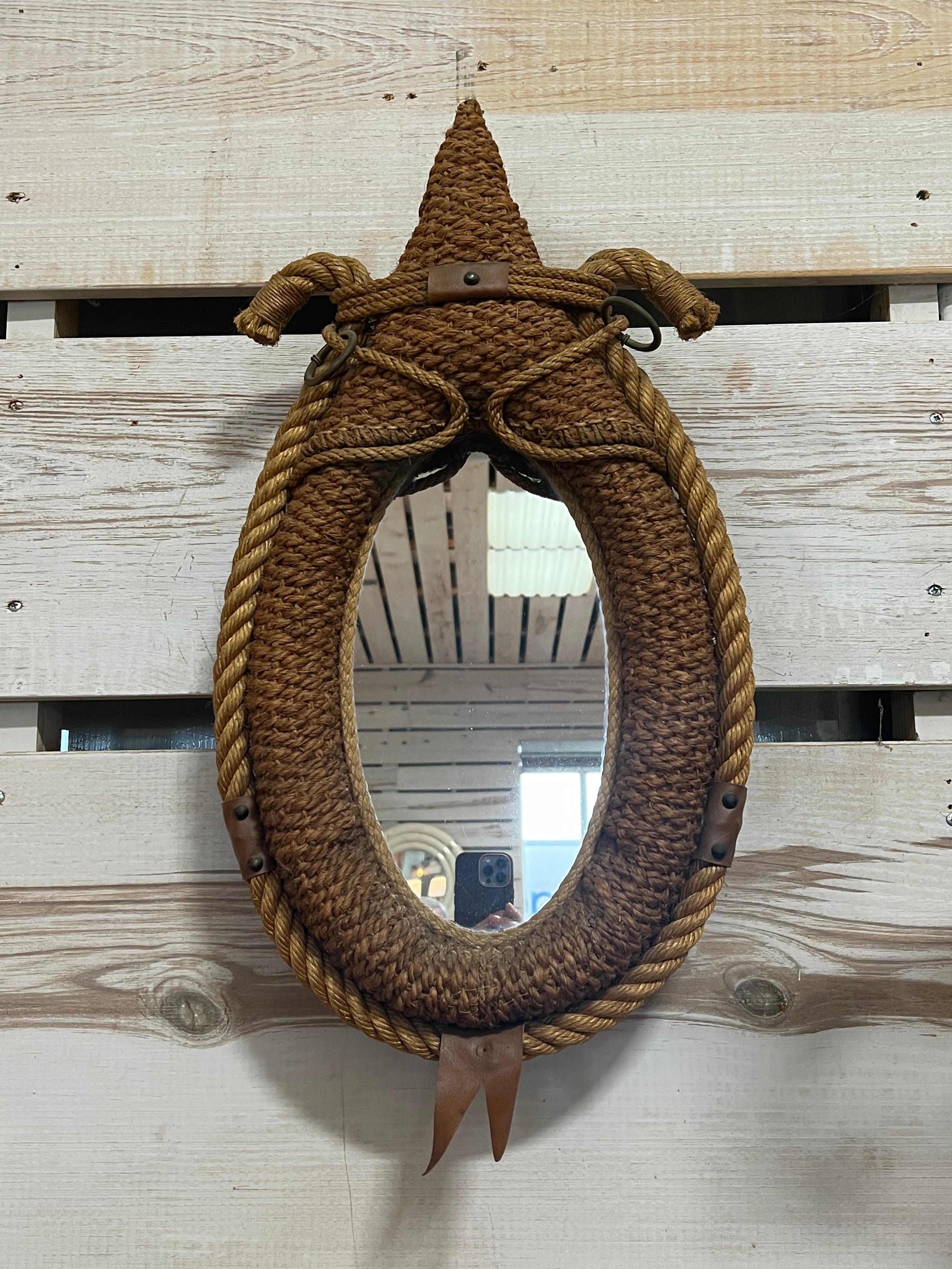 Midcentury handmade rope and leather mirror by Adrien Audoux and Frida Minet.