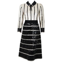 1960's Rosandré Couture Black & White Sequin Beaded Stripe Silk Cocktail Dress