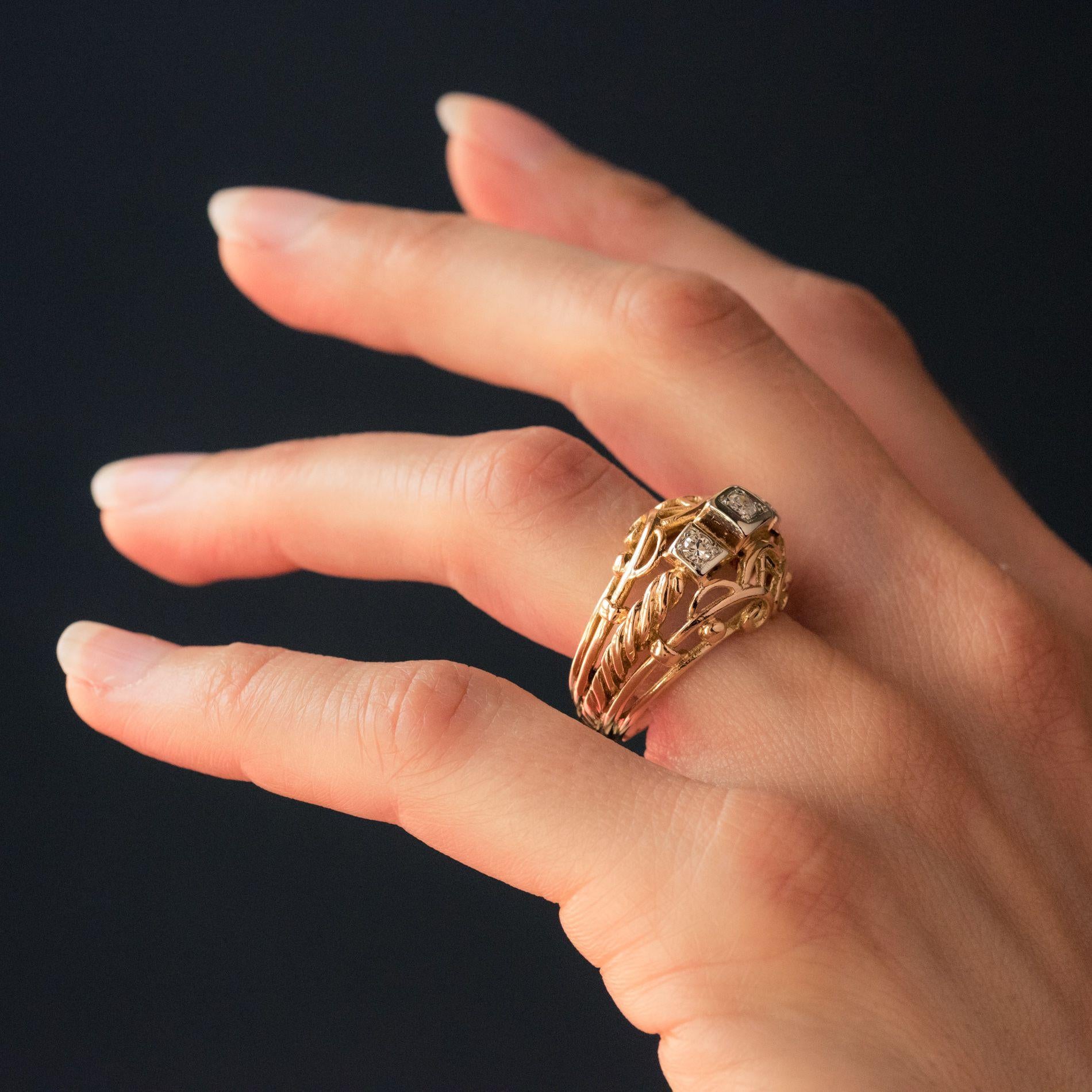 1960s, 18 Karat Rose Gold and Diamond Dome Ring  In Excellent Condition For Sale In Poitiers, FR