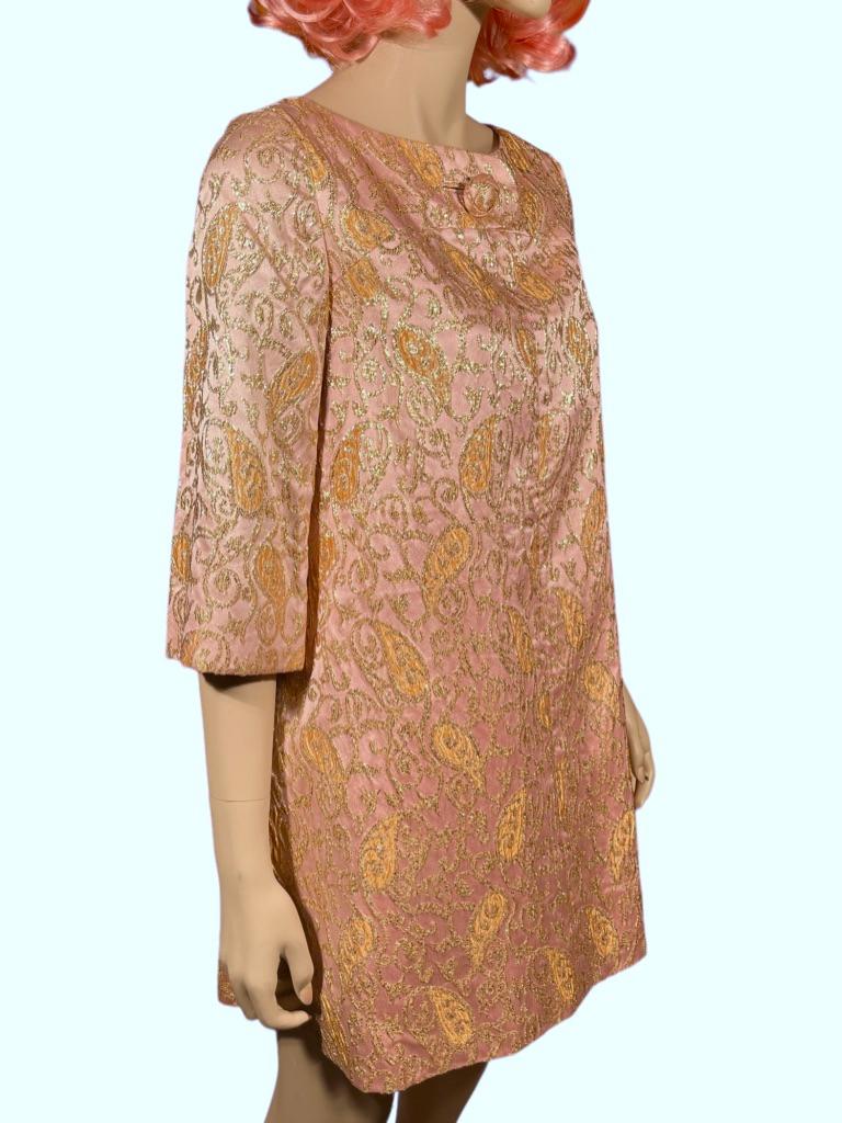 Women's 1960’s Rose Gold Metallic Brocade Empire Mini Dress For Sale