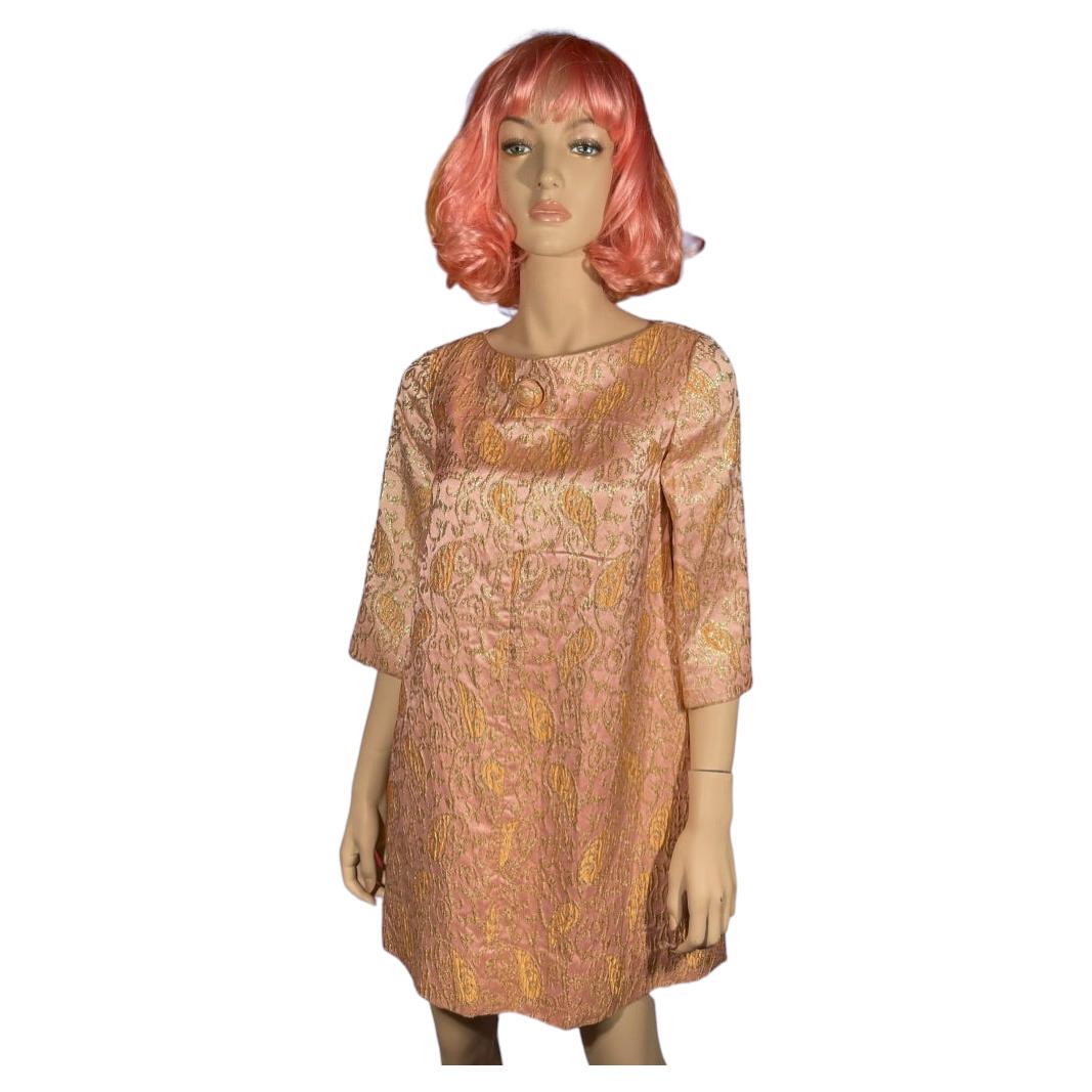 1960’s Rose Gold Metallic Brocade Empire Mini Dress For Sale