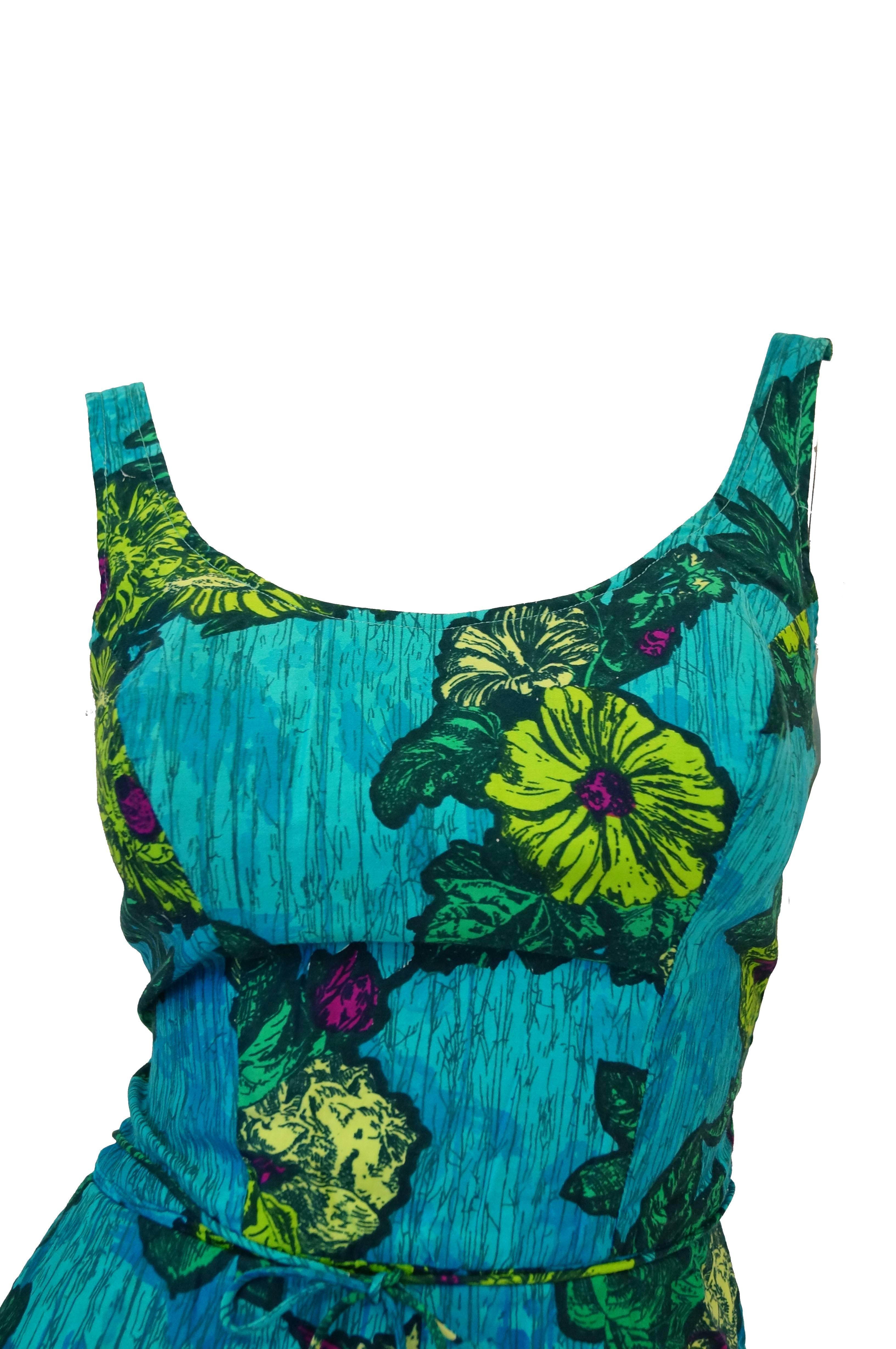 Fabulous Rose Marie Reid one piece blue, green, and yellow block print - look swimsuit with matching cover-up. The swimsuit features bloomer shorts, a cinched waist with tie, and a wide scoop neck and scoop back with narrow, adjustable straps. The
