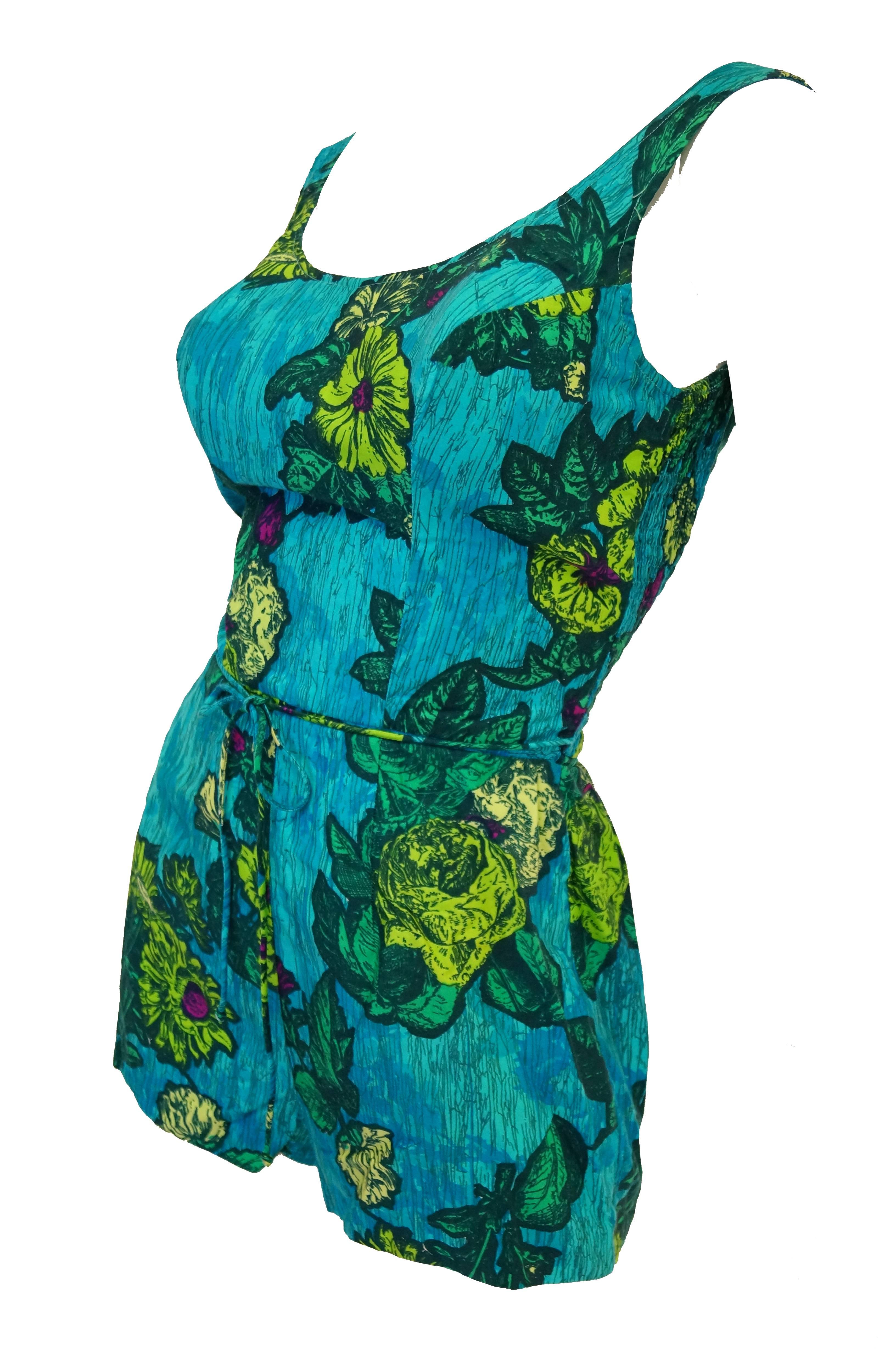  1960s Rose Marie Reid Blue Floral Swimsuit and Cover-up In Excellent Condition For Sale In Houston, TX