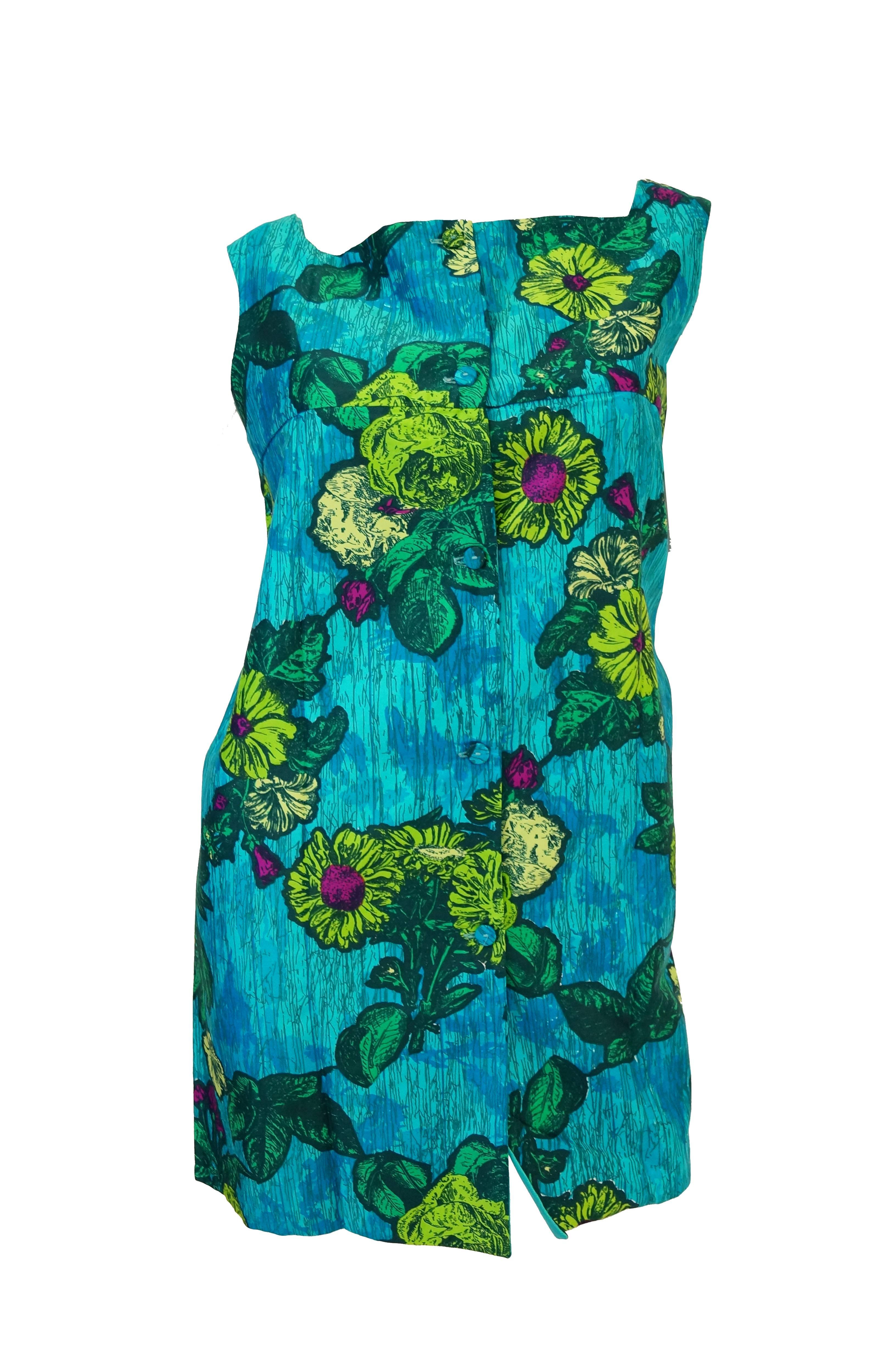  1960s Rose Marie Reid Blue Floral Swimsuit and Cover-up For Sale 2