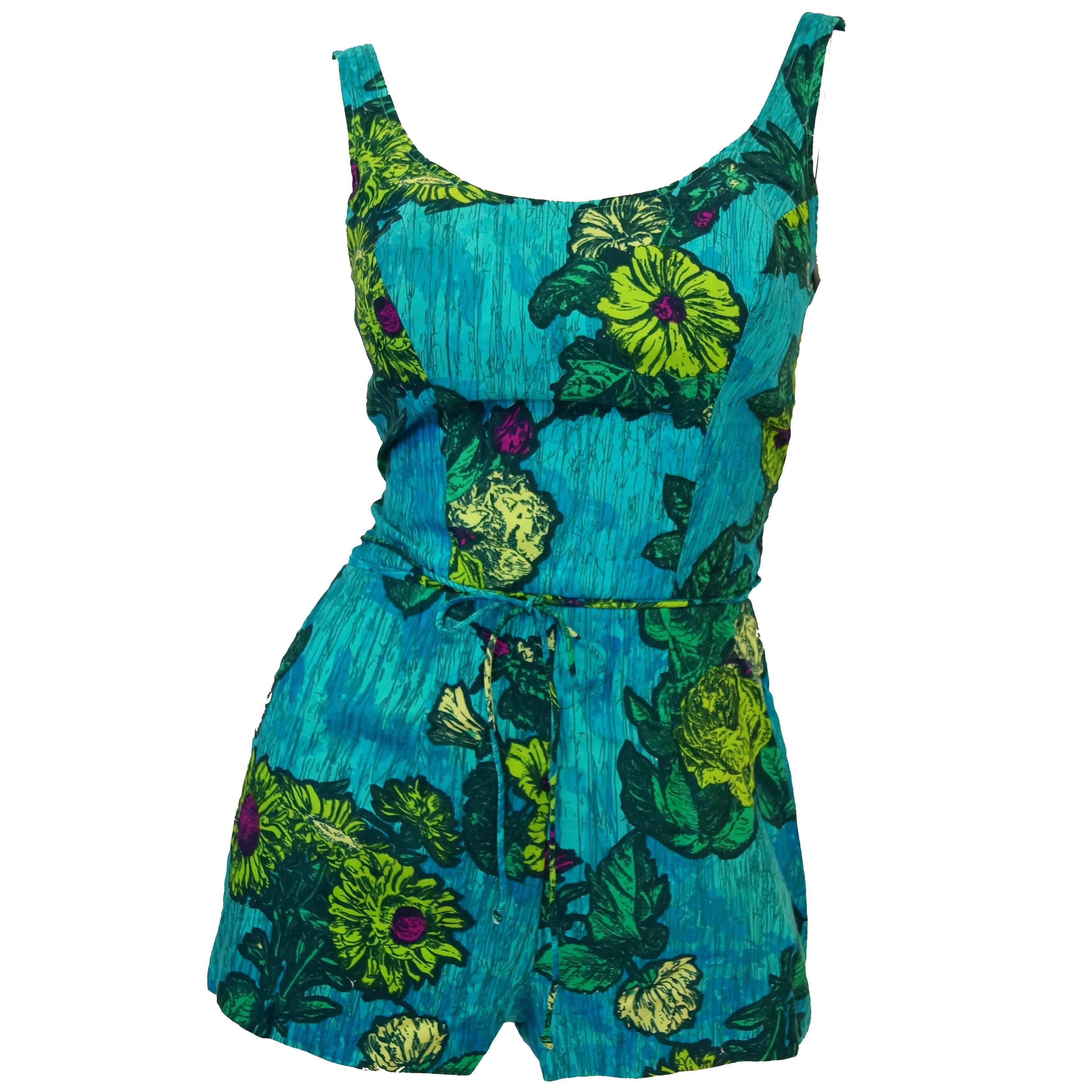  1960s Rose Marie Reid Blue Floral Swimsuit and Cover-up For Sale