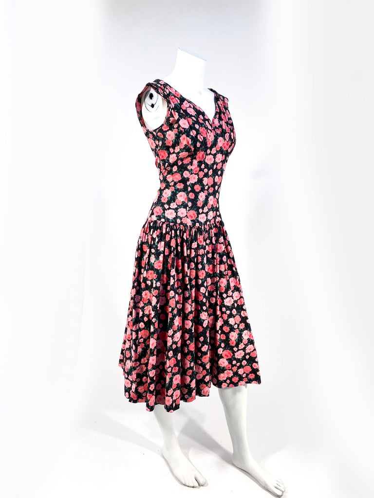 1960s Rose Printed Drop-Waist Dress For Sale at 1stDibs