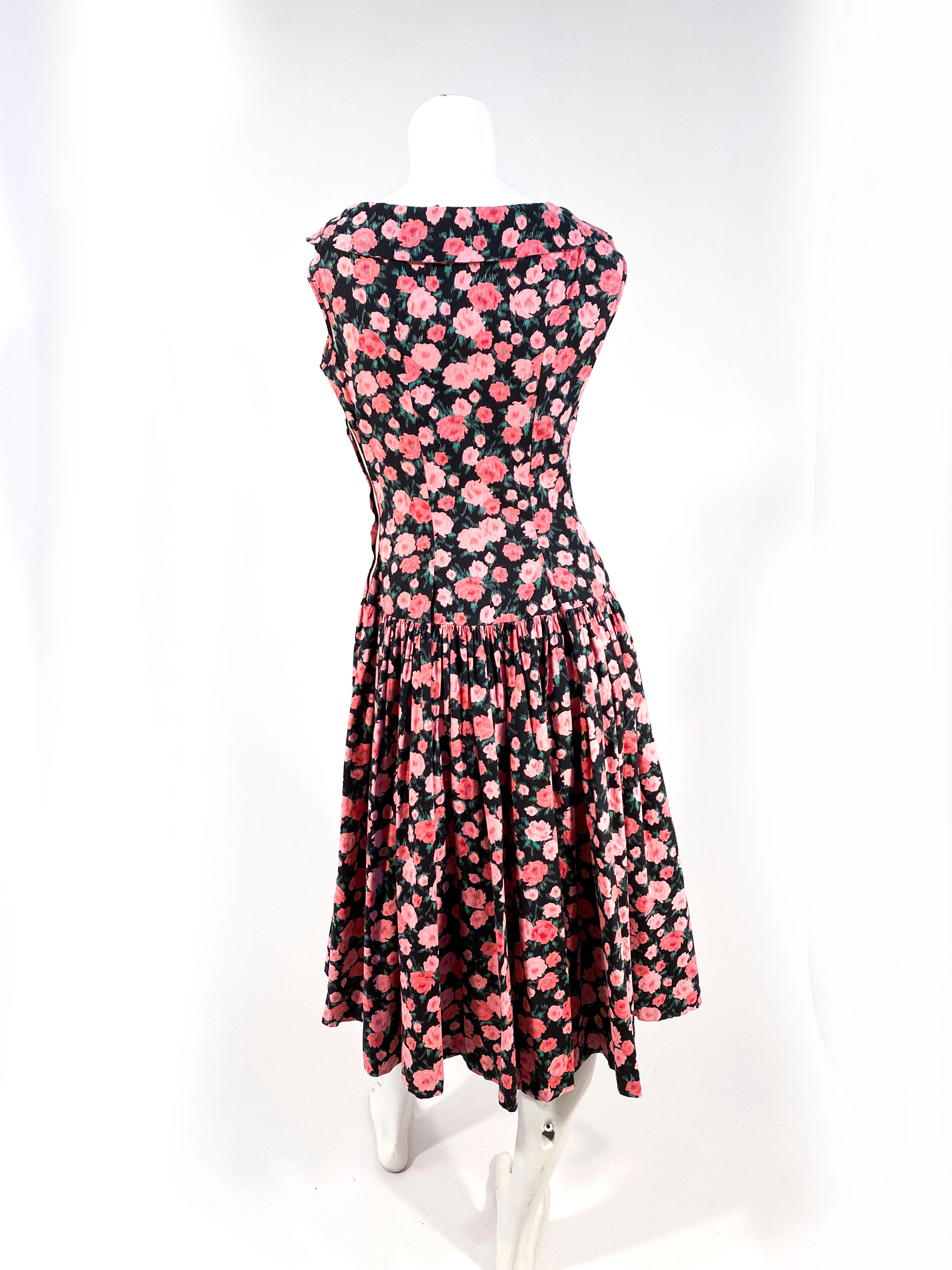 Black 1960s Rose Printed Drop-Waist Dress For Sale