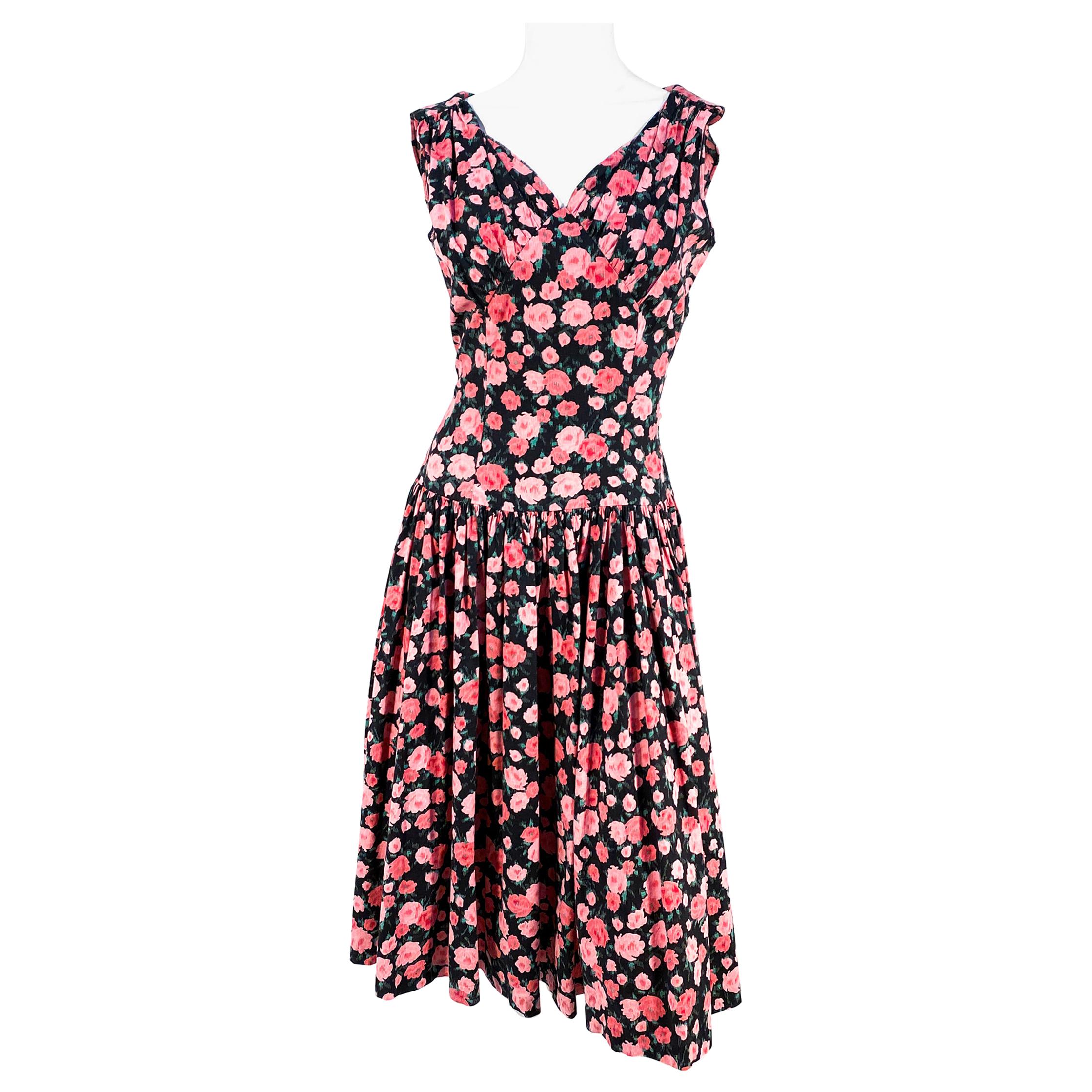 1960s Rose Printed Drop-Waist Dress For Sale
