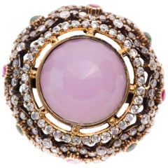 1960s Rose Quartz, Ruby, Sapphire, Silver and 18 Karat Gold-Plated Ring