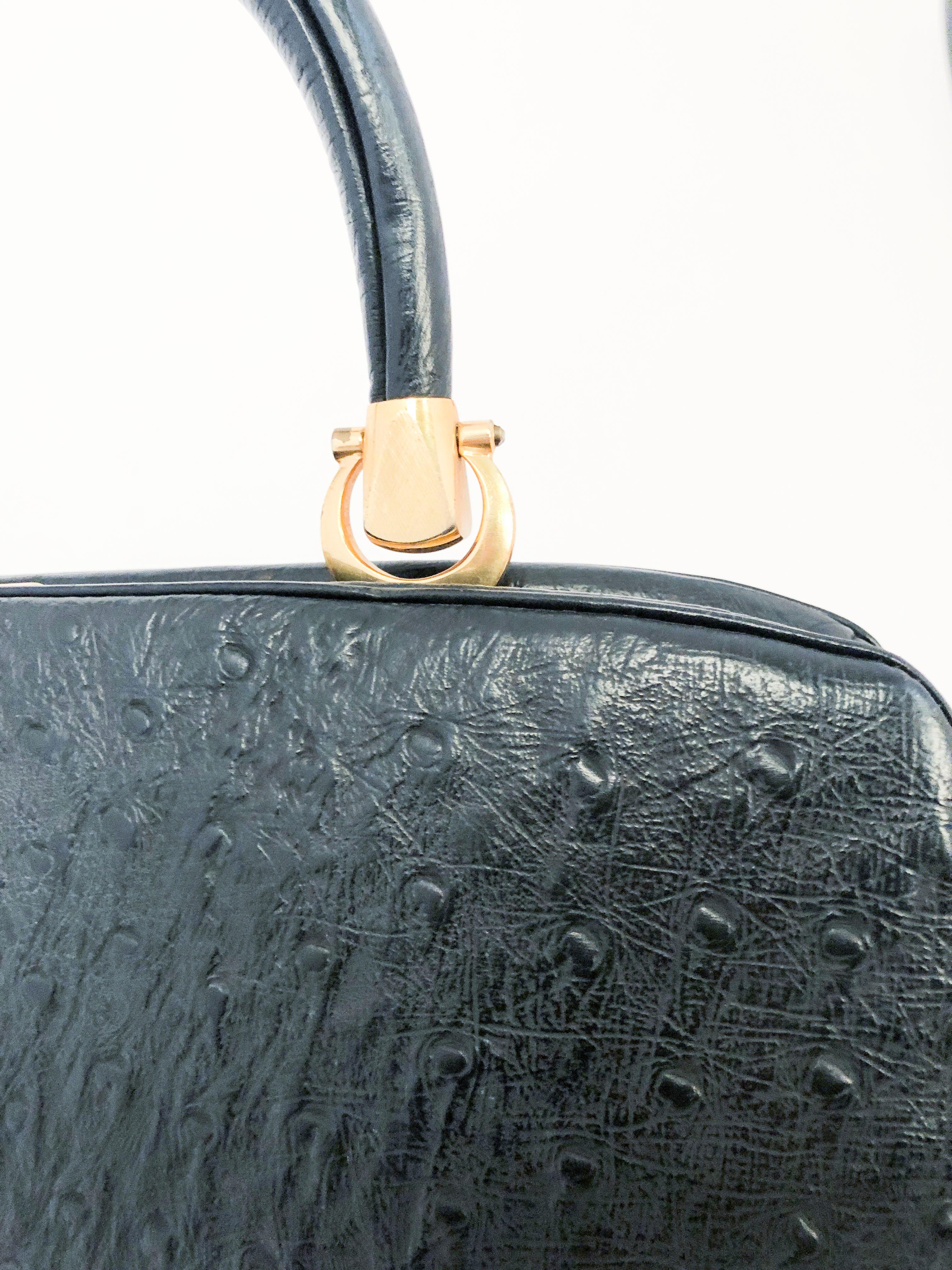 1960s Rosenfeld Black Embossed Leather Top Handle Purse In Good Condition In San Francisco, CA