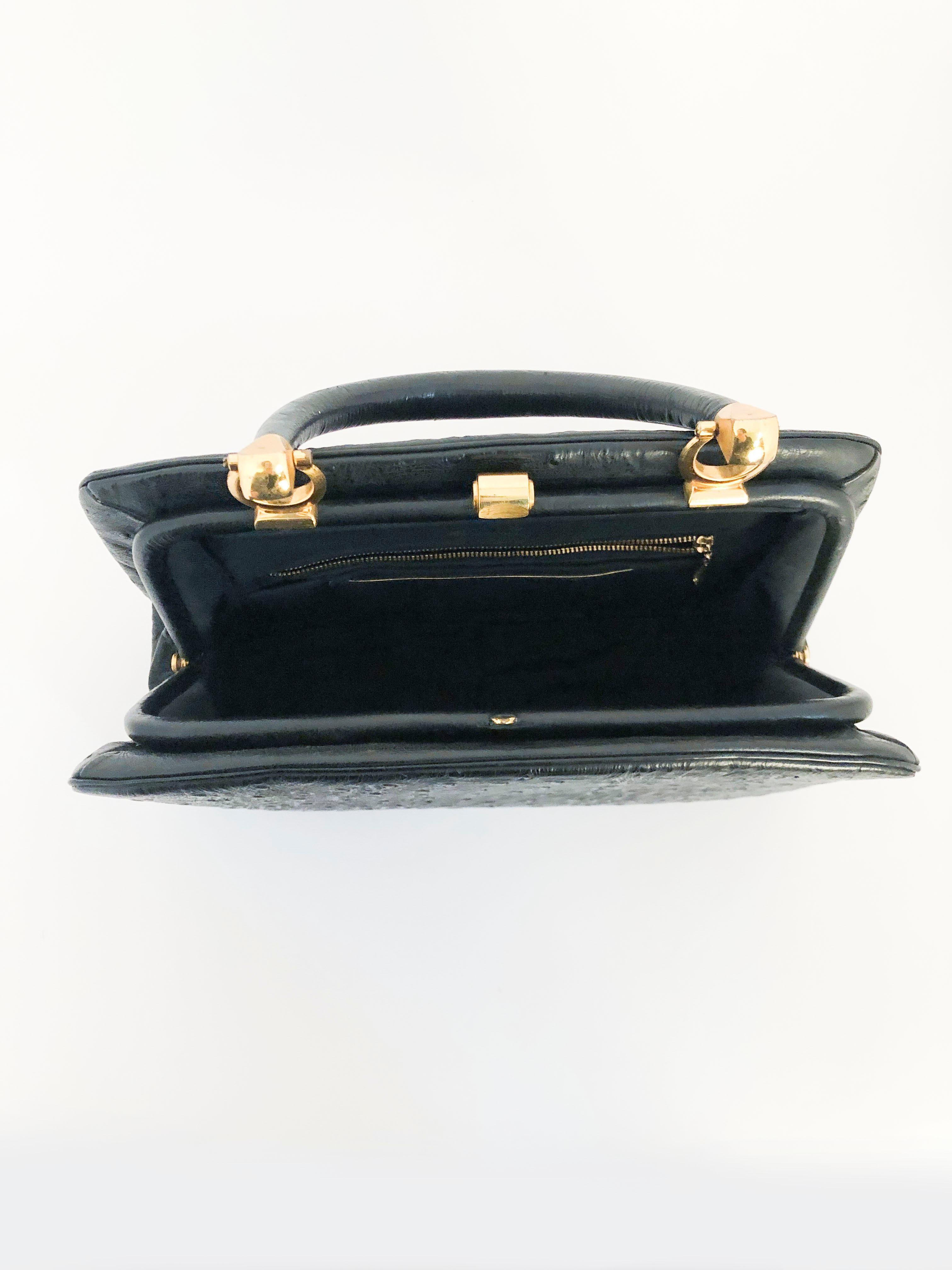1960s Rosenfeld Black Embossed Leather Top Handle Purse 1
