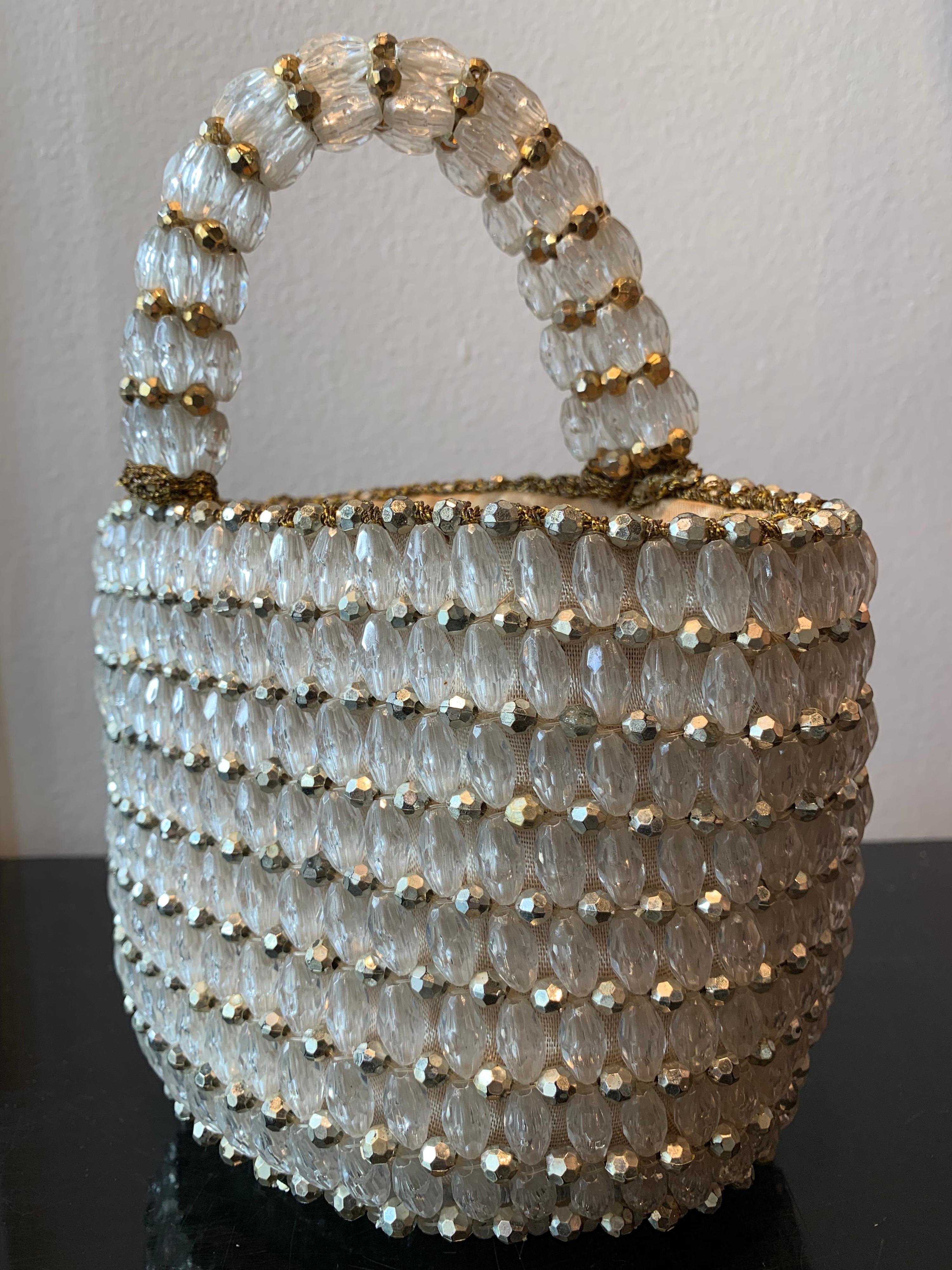 1960s Rosenfeld Italian Lucite Beaded Resort Hand Basket Purse W/ Lamé Crochet  In Excellent Condition For Sale In Gresham, OR
