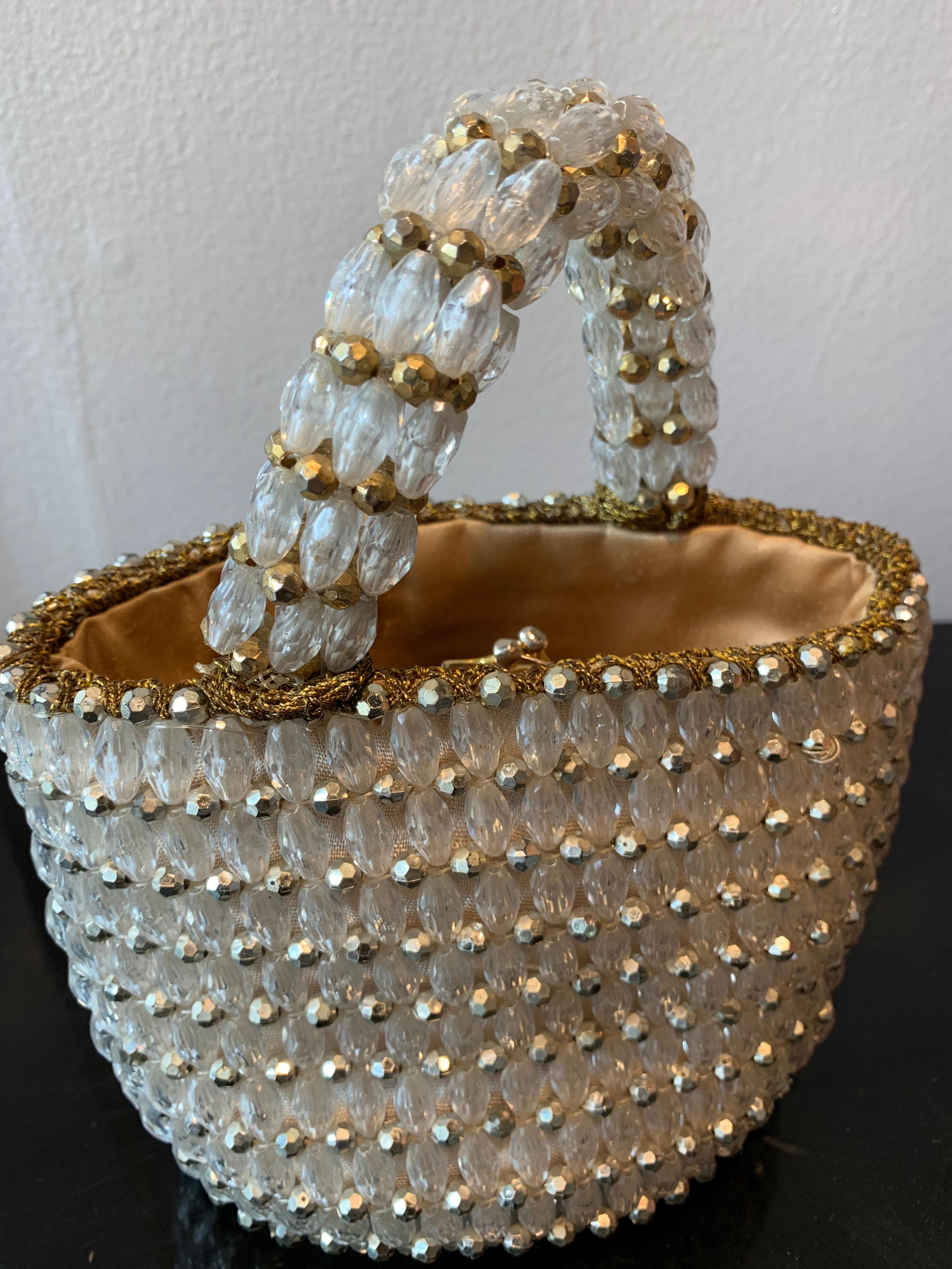Women's 1960s Rosenfeld Italian Lucite Beaded Resort Hand Basket Purse W/ Lamé Crochet  For Sale
