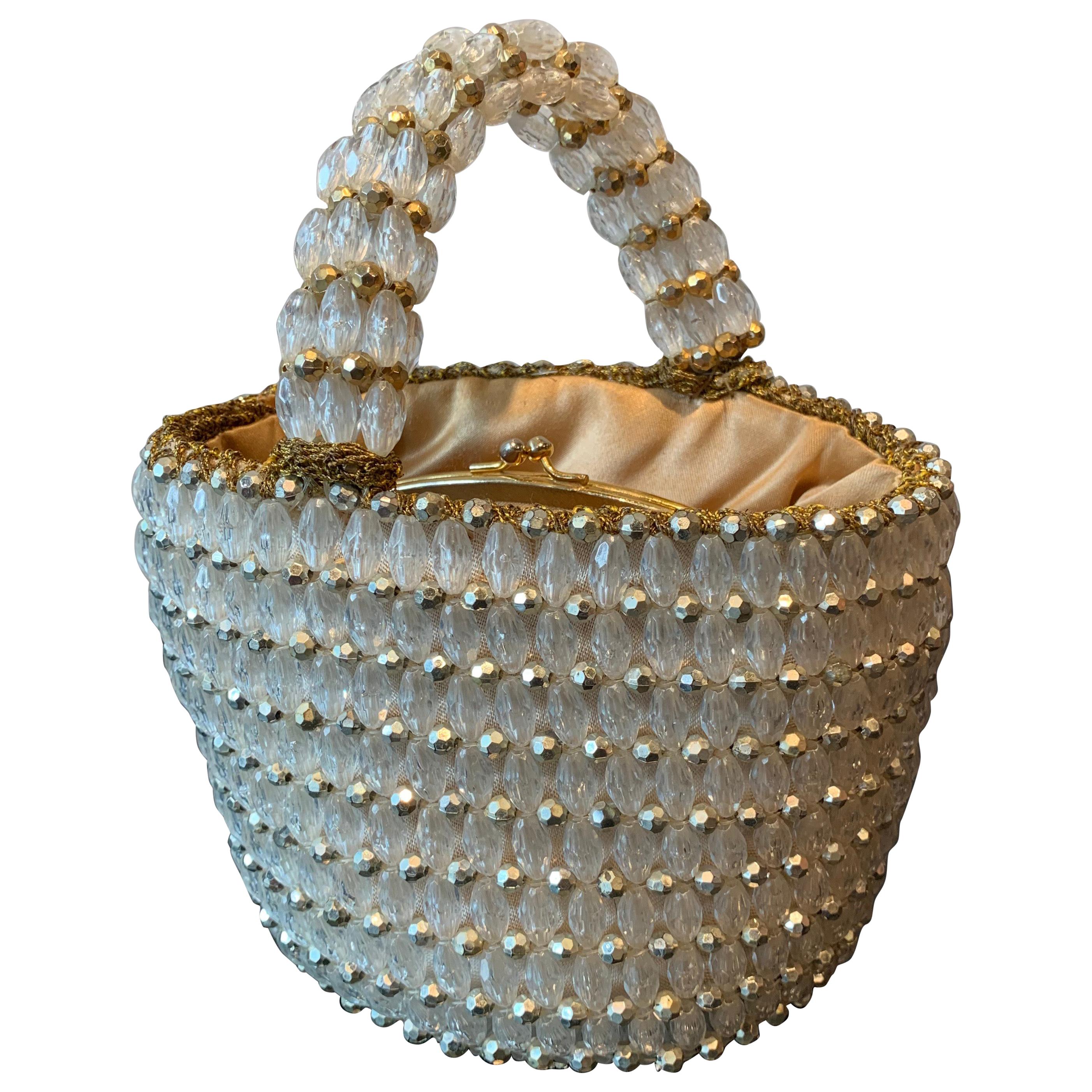 1960s Rosenfeld Italian Lucite Beaded Resort Hand Basket Purse W/ Lamé Crochet 