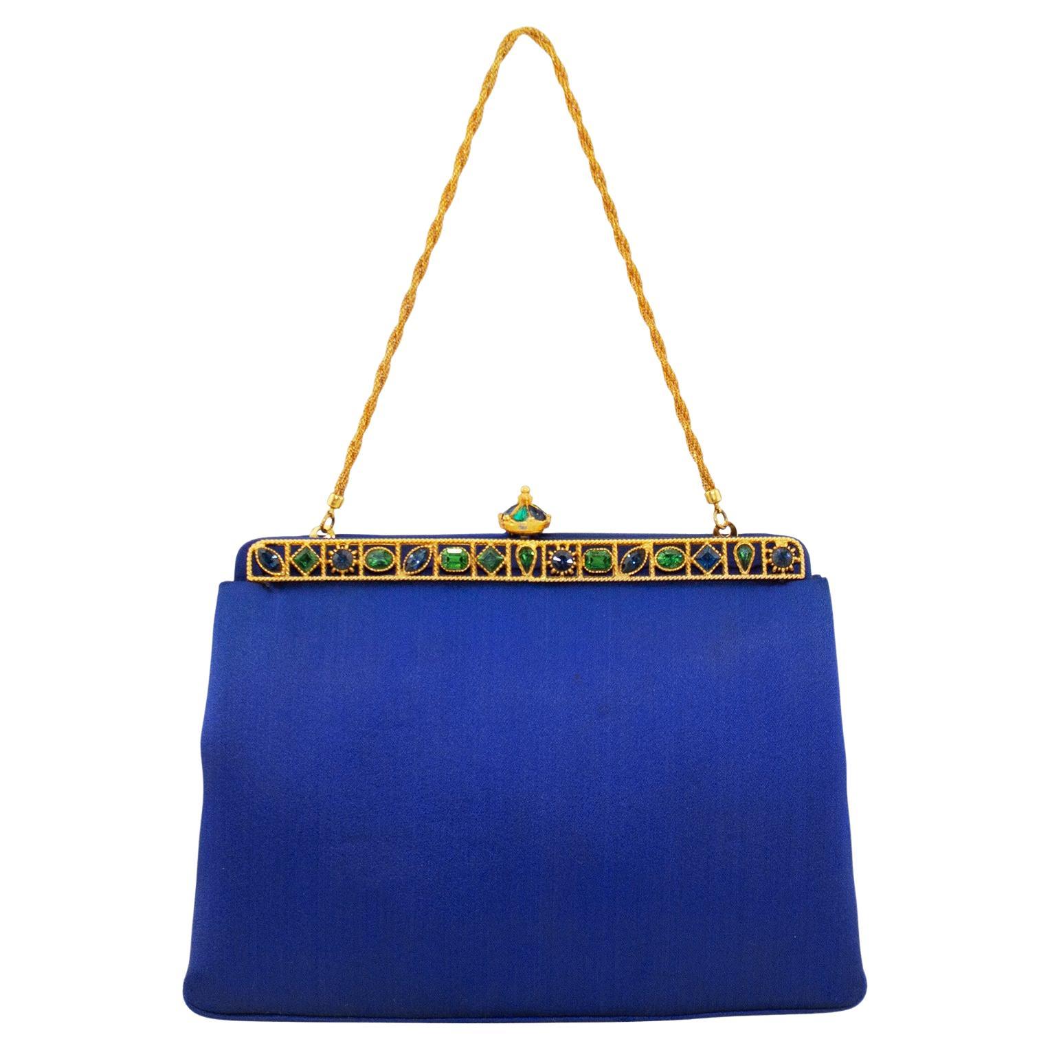1960's Rosenfeld Royal Blue Satin Evening bag with Jewels