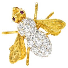 1960's Rosenthal 0.88 Carat Diamond Ruby 18 Karat Two-Tone Gold Bee Brooch