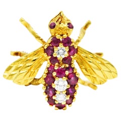 1960's Rosenthal 1.35 Carats Diamond Ruby 18 Karat Yellow Gold Bee Brooch