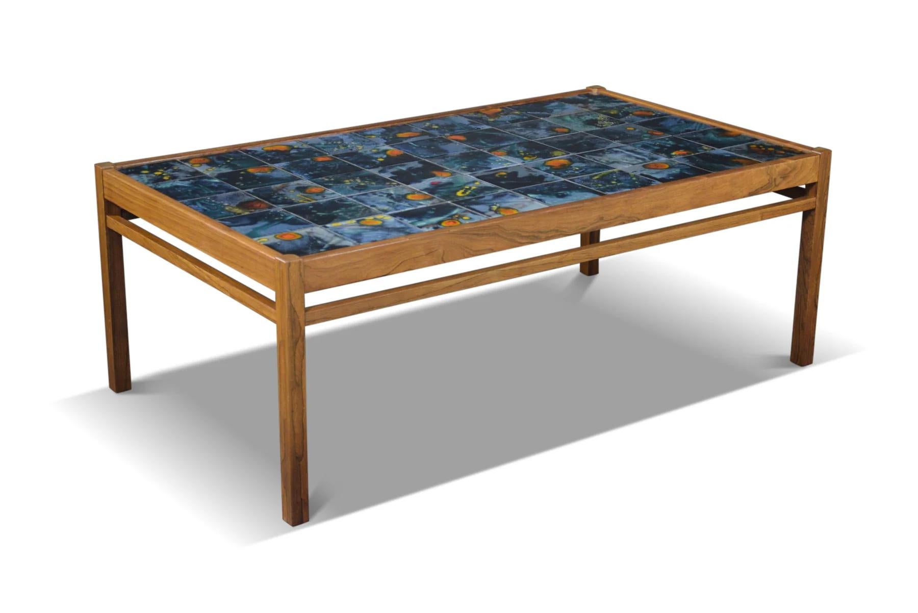 Mid-Century Modern 1960s rosewood + ceramic tile coffee table For Sale