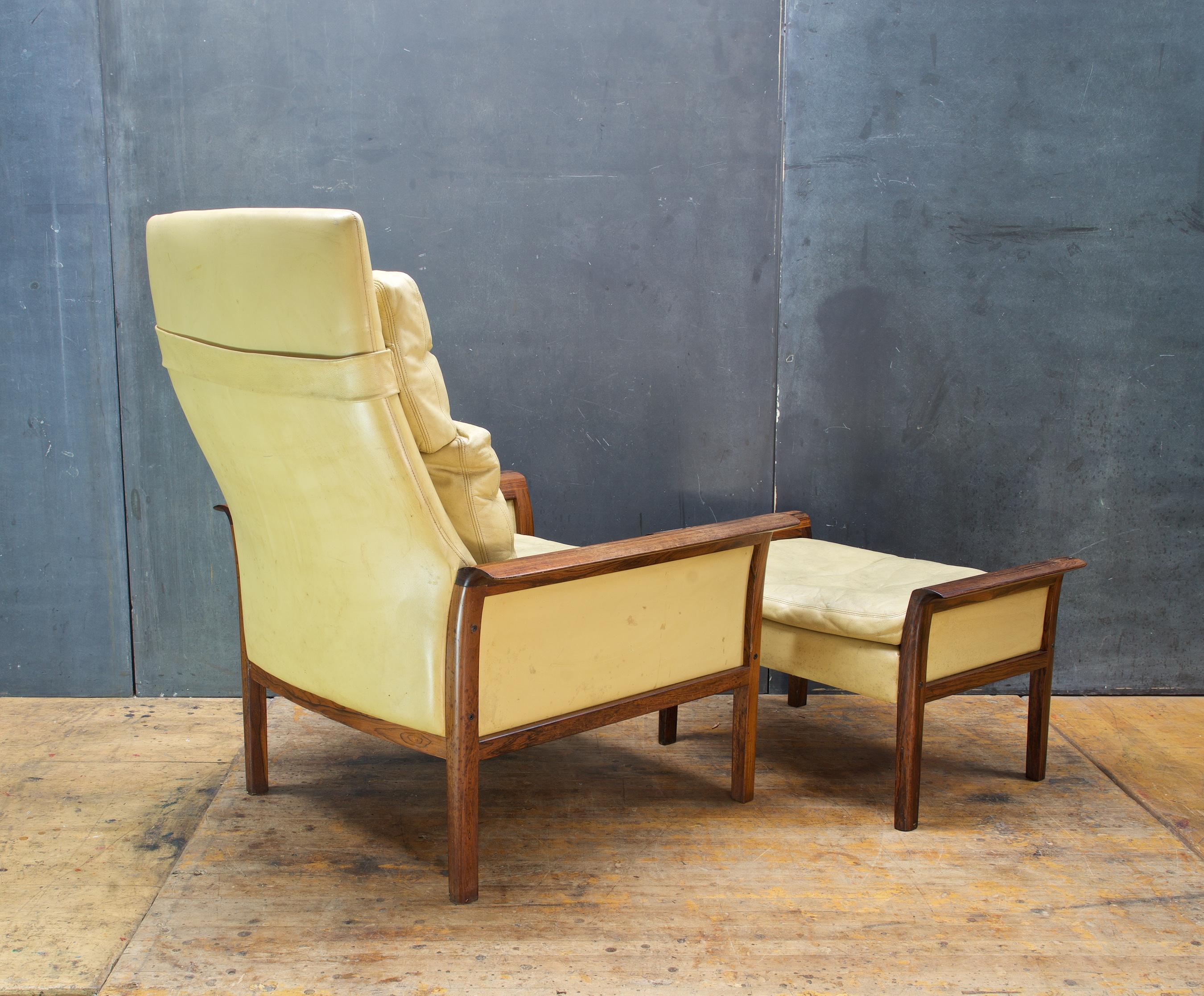 Norwegian 1960s Rosewood Yellow Leather Armchair Ottoman Vintage Midcentury Vatne Mobler For Sale