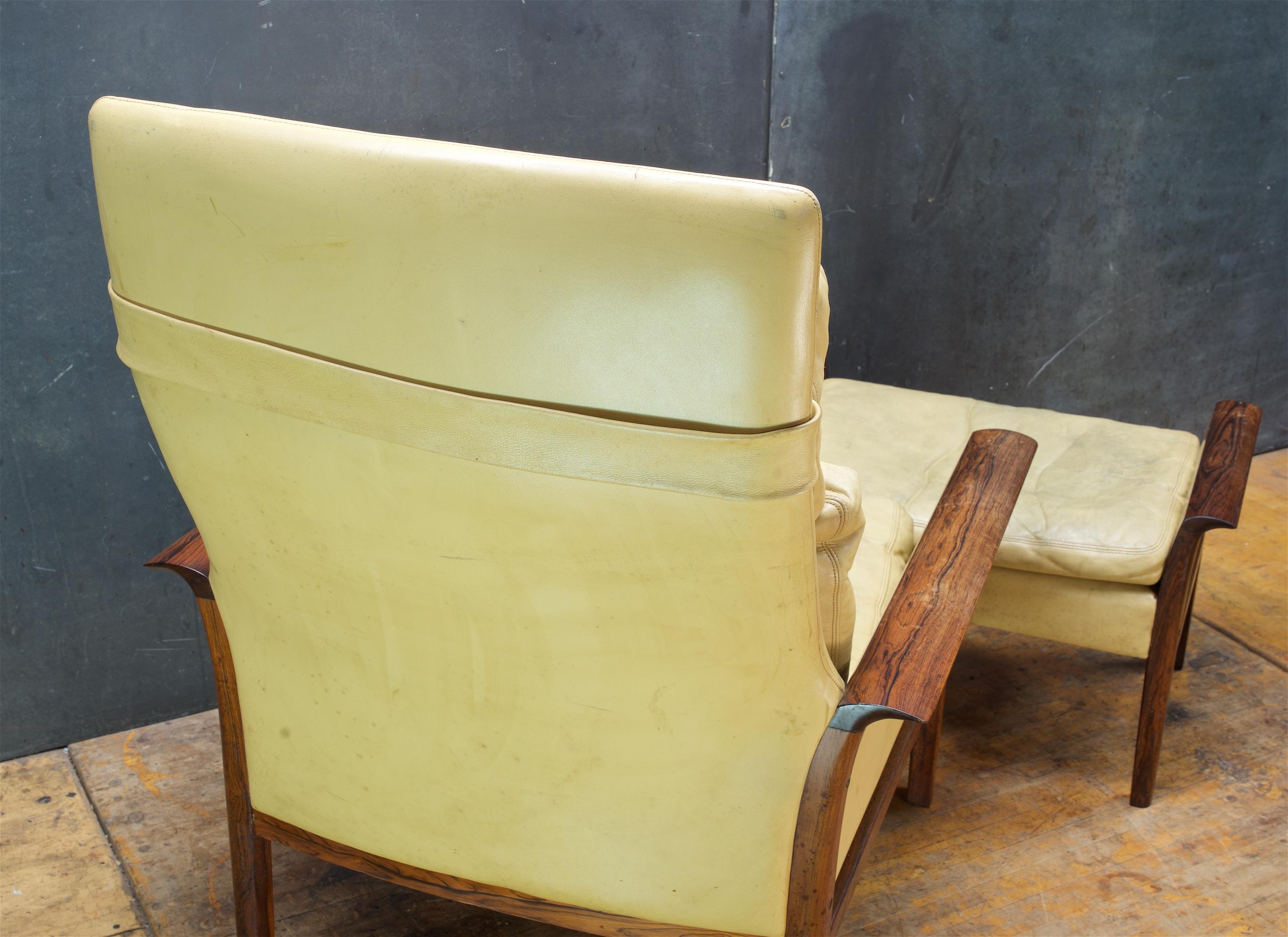 Lacquered 1960s Rosewood Yellow Leather Armchair Ottoman Vintage Midcentury Vatne Mobler For Sale