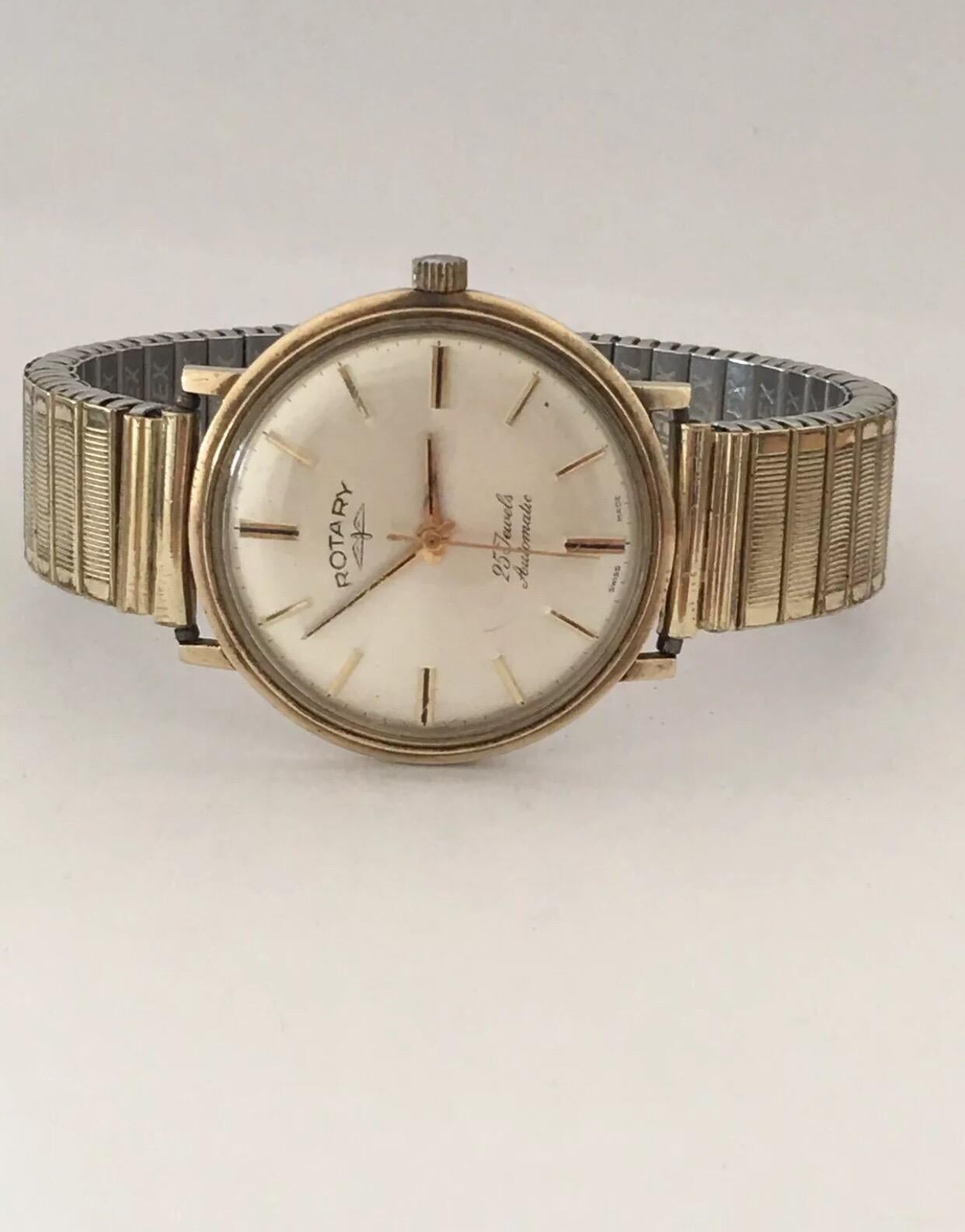 1960s Rotary 25 Jewels Automatic 9kt Gold Wristwatch Fixoflex Rolled Gold Strap 1