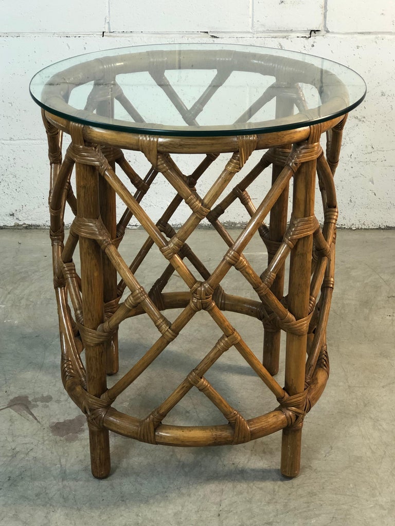 1960s Round Bamboo Glass Top Side Table