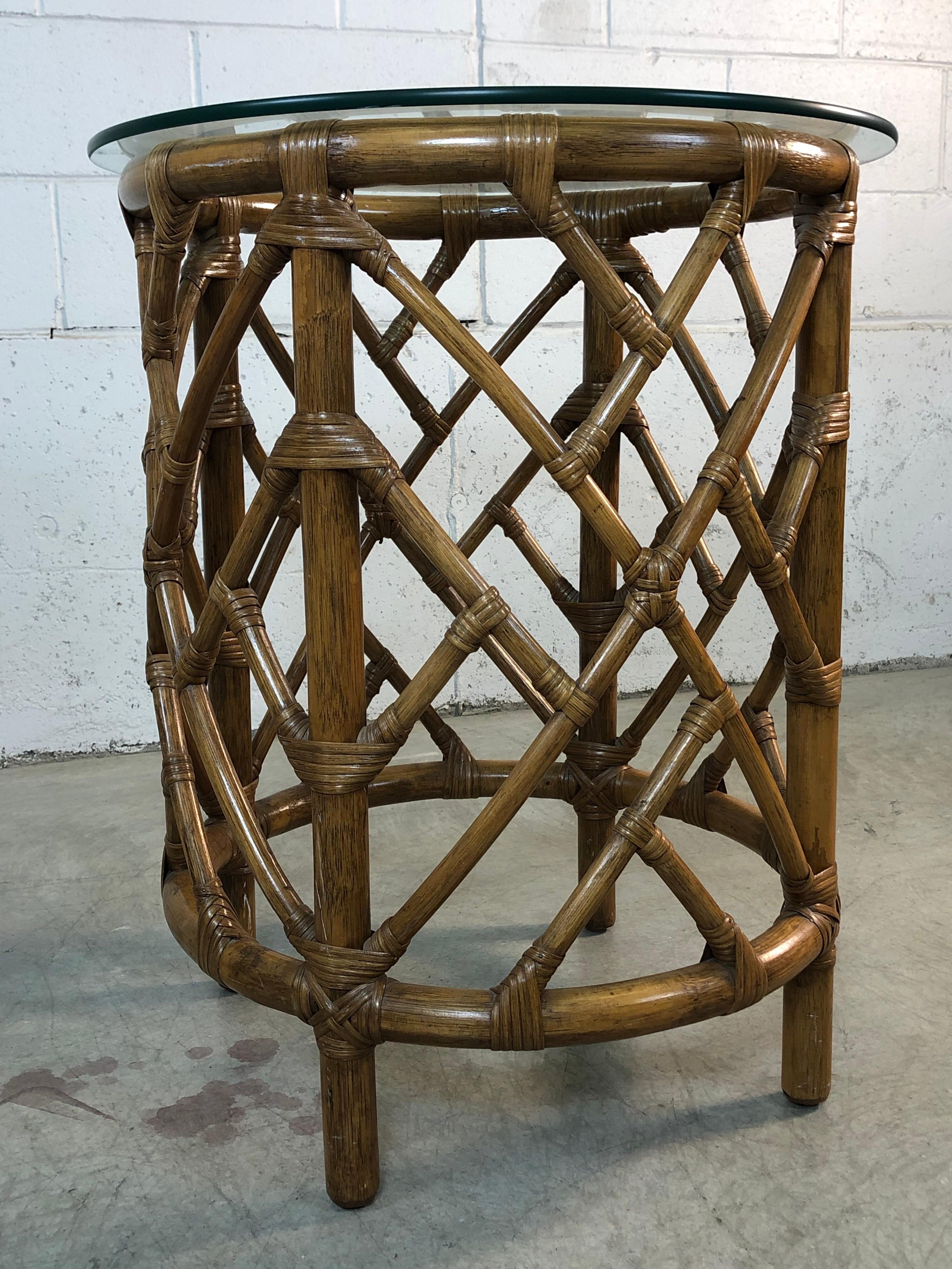 1960s Round Bamboo Glass Top Side Table In Good Condition In Amherst, NH