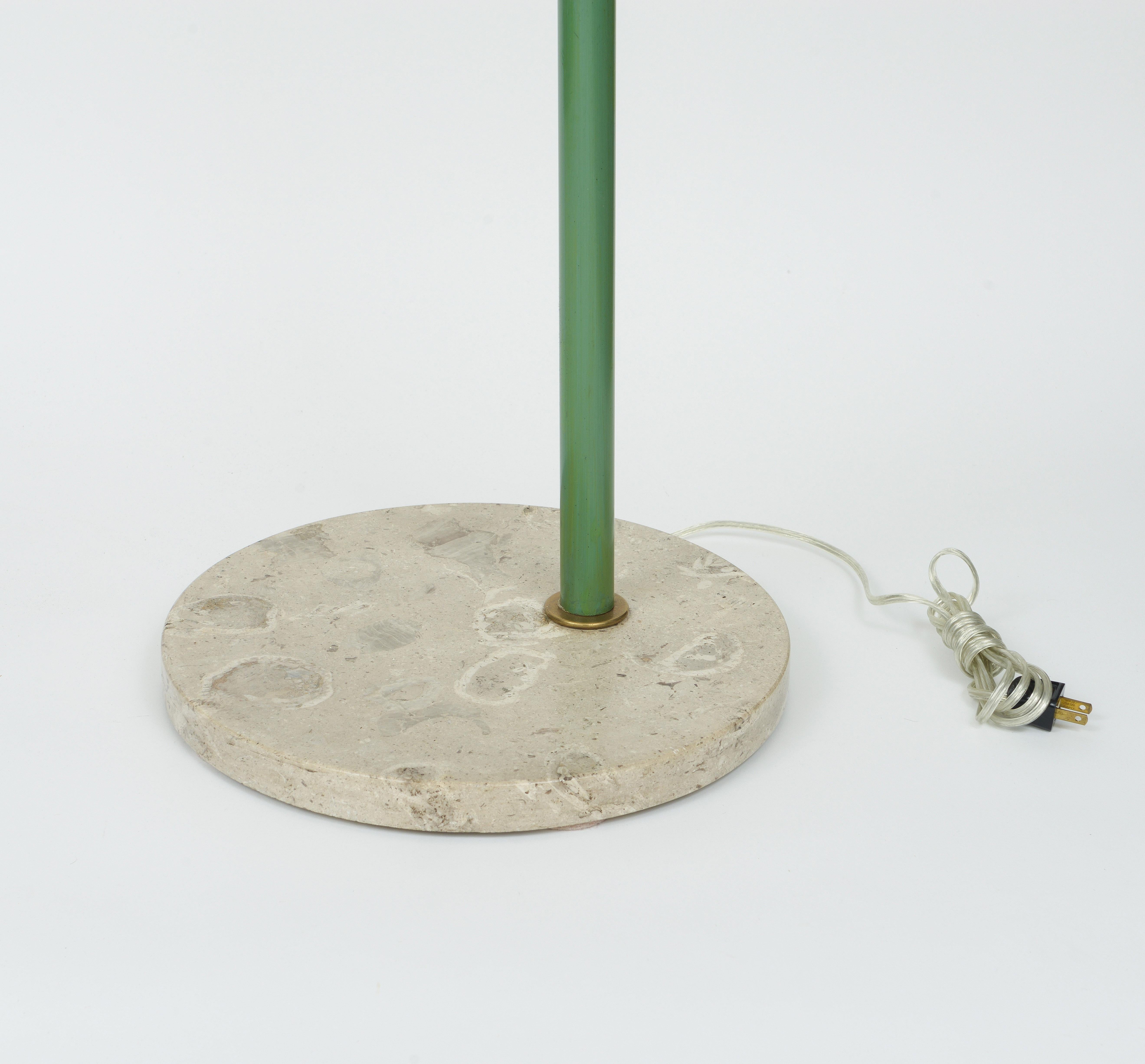 Mid-Century Modern 1960s Round beige marble base green enameled stem adjustable arm floor lamp For Sale