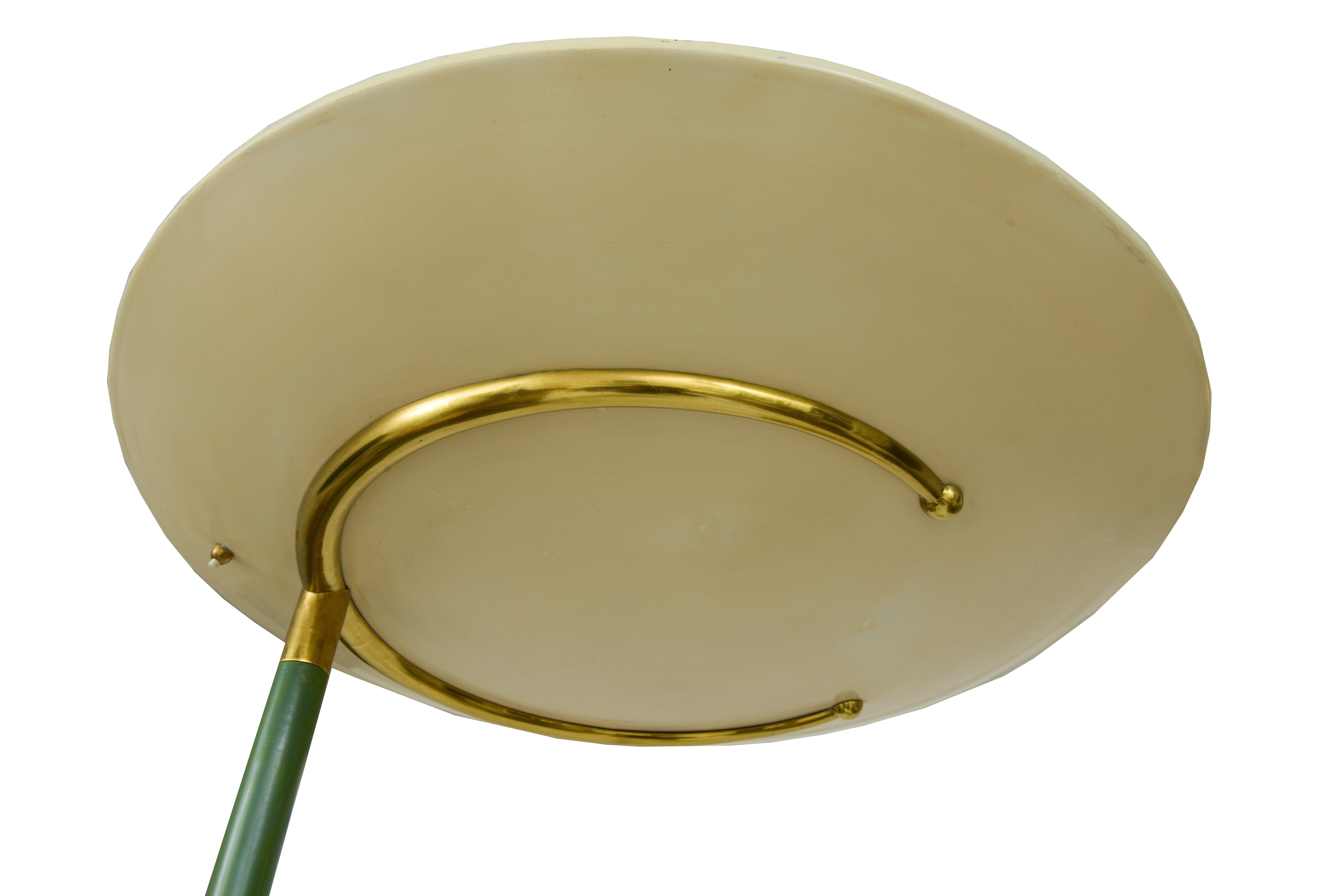 Enamel 1960s Round beige marble base green enameled stem adjustable arm floor lamp For Sale